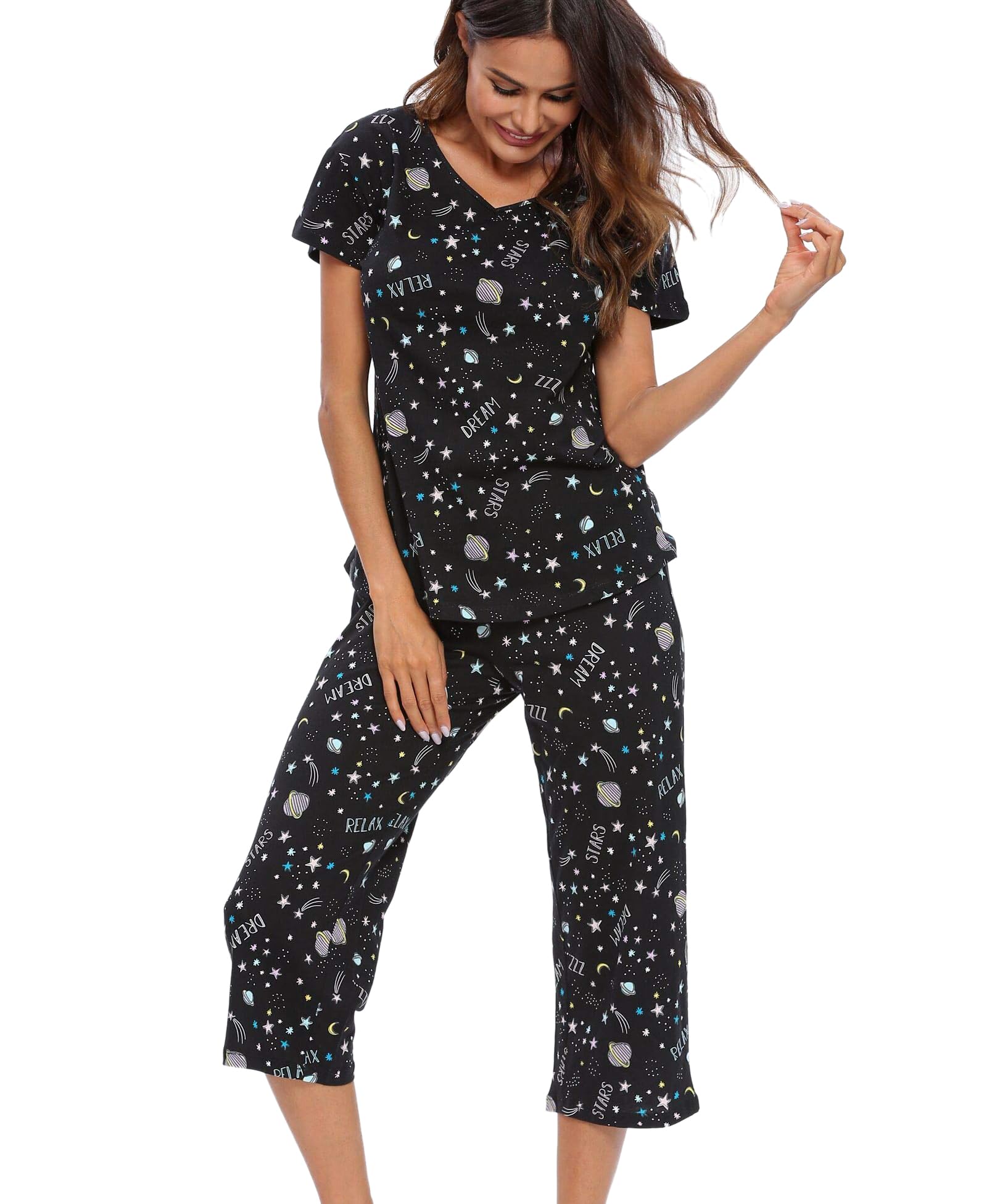 MIA LUCCE Pigiama da donna a maniche corte e pantaloni lunghi a 3/4, set pigiama