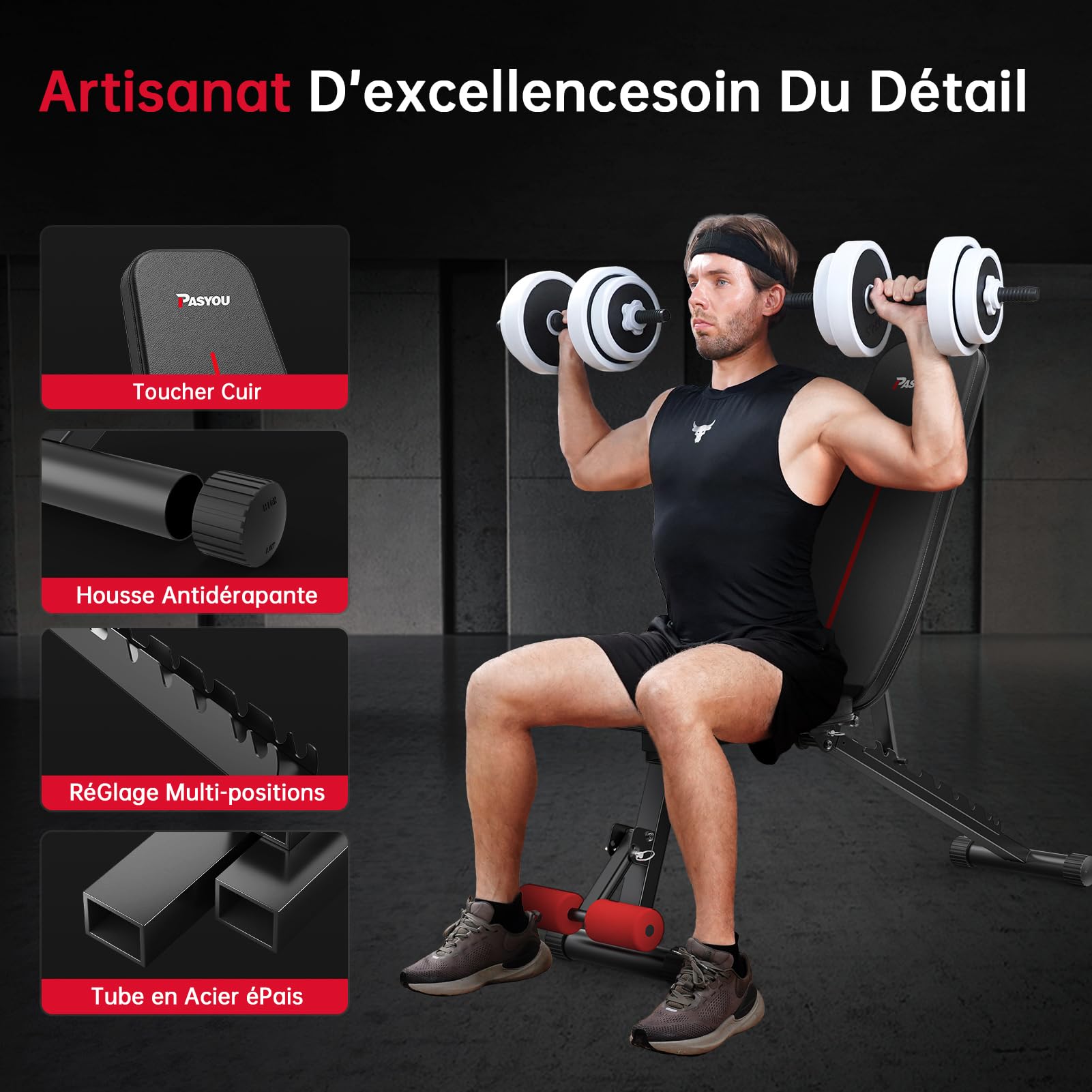 PASYOU Banc Musculation Pliable 10 Directions Réglables à 90° Verticalement Multifonctionnel Banc de Musculation pour un Entraînement Complet du Corps Banc Abdominaux