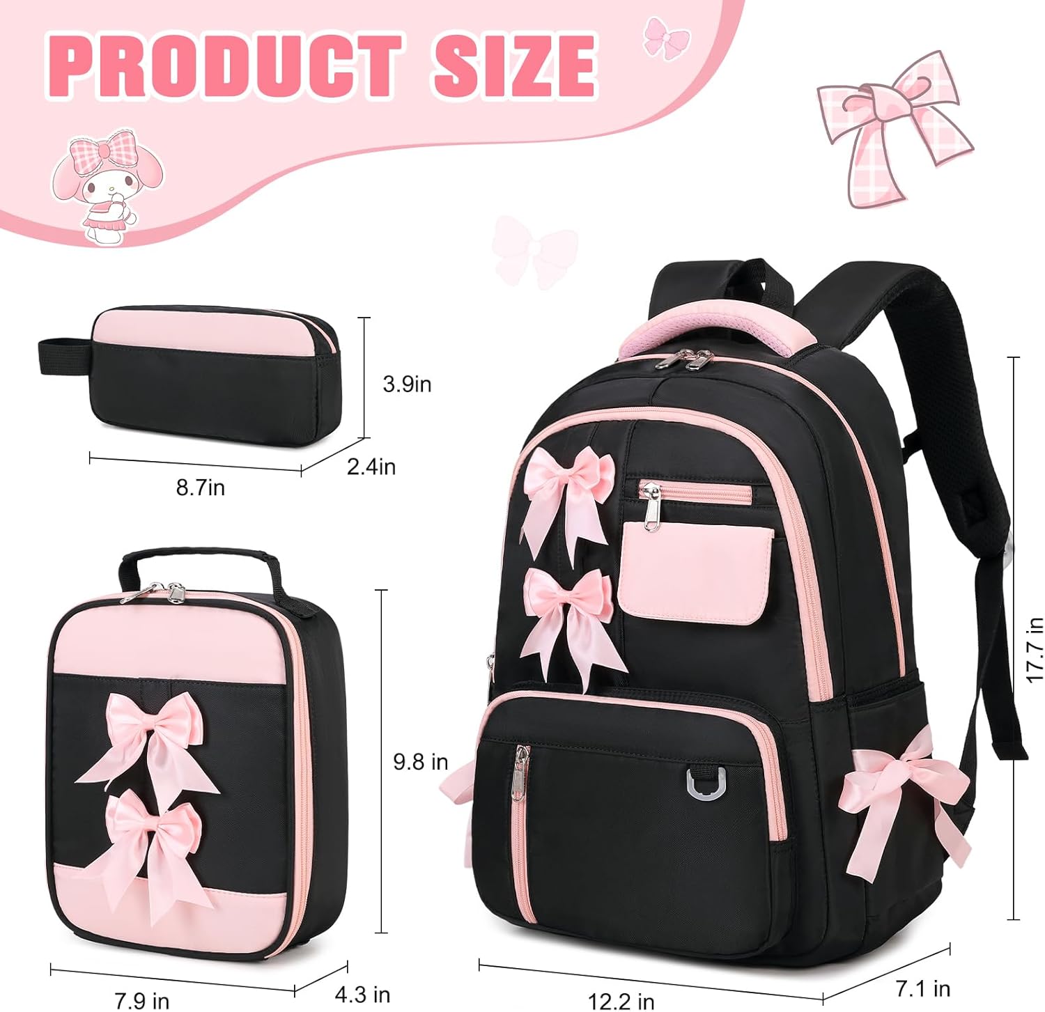 Bevalsa Backpack for Gilrs, Cute School Bags for Kids with Lunch Bag & Pen Case, Bow Bookbag for Girls Children Teens for Elementary Middle High Student, Back To School Gift (Black Pink)