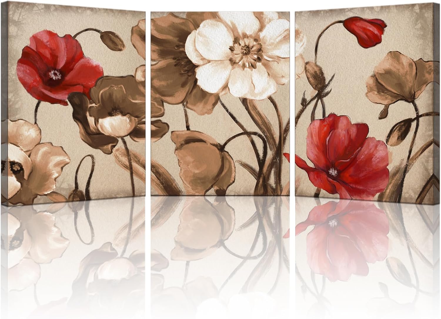 Biuteawal Vintage Wall Art Brown Flowers Painting Bedroom Wall Decor 3 Pieces Canvas Print Brown Blossom Floral Pictures Abstract Artwork Bathroom Living Room Decoration Framed Ready to Hang