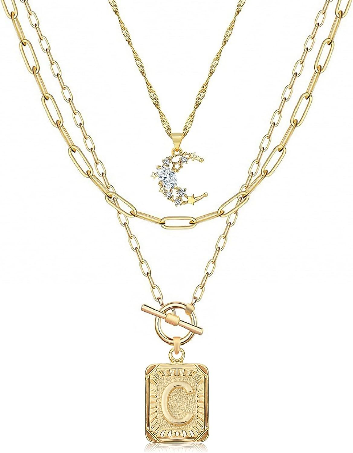 MJartoria Layered Initial Necklaces for Women Trendy, 14K Gold Plated Brass Simple Moon Choker Square Letter Pendant Necklace, Paperclip Chain Necklaces Jewelry Gifts