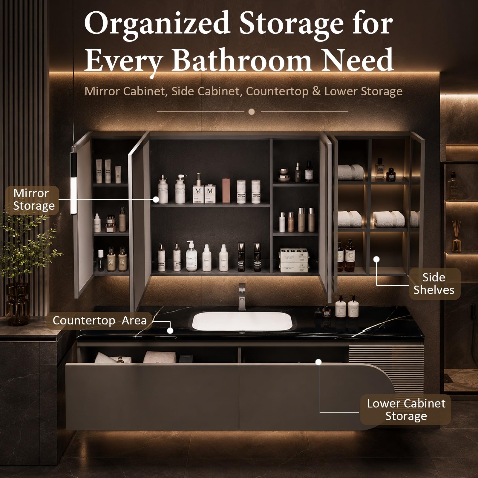 Mobile Bagno Con Lavabo, Mobile Sospeso Bagno Con Specchio E Colonna, Piano In Pietra Sinterizzata, Legno Di Hevea, Per Bagno Moderno Elegante