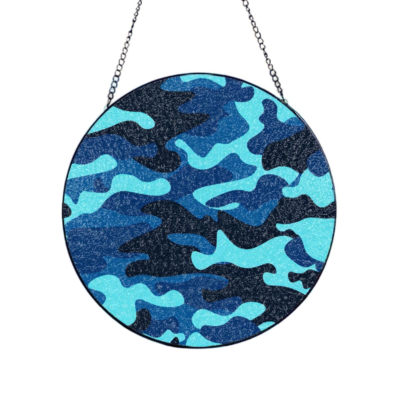 Phayah Blue Camouflage Print Glass Window Hanging Sun Catchers Suncatcher Decor For Birthday For Home Garden Porch 8in（20cm）