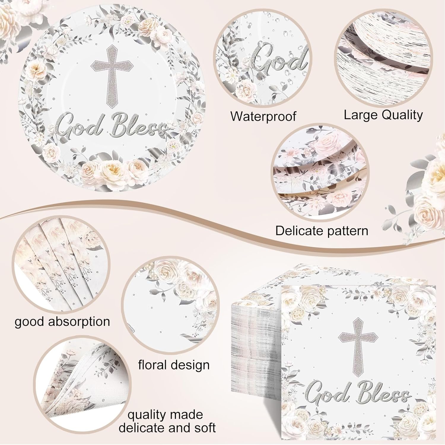 Pickmesh 250 Pcs Silver God Bless Baptism Tableware Set First Holy Communion Baptism Disposable Cross Floral Paper Plates Napkins and Cups for Christening Celebration Baby Shower Religious Supplies