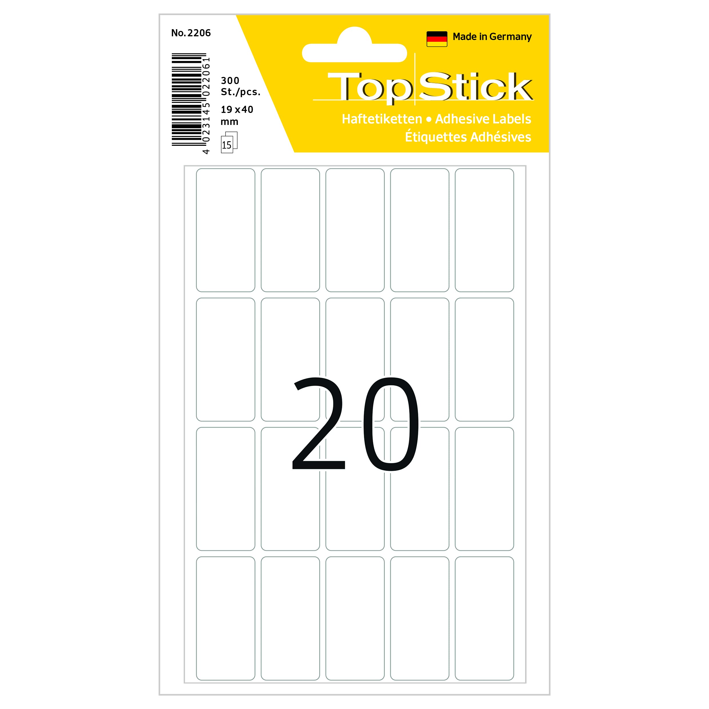 TopStick Multi Purpose Labels, 300 Labels, 15 Sheets, 20 Labels per Sheet, 19 x 40 mm, White Rectangular, Self Adhesive