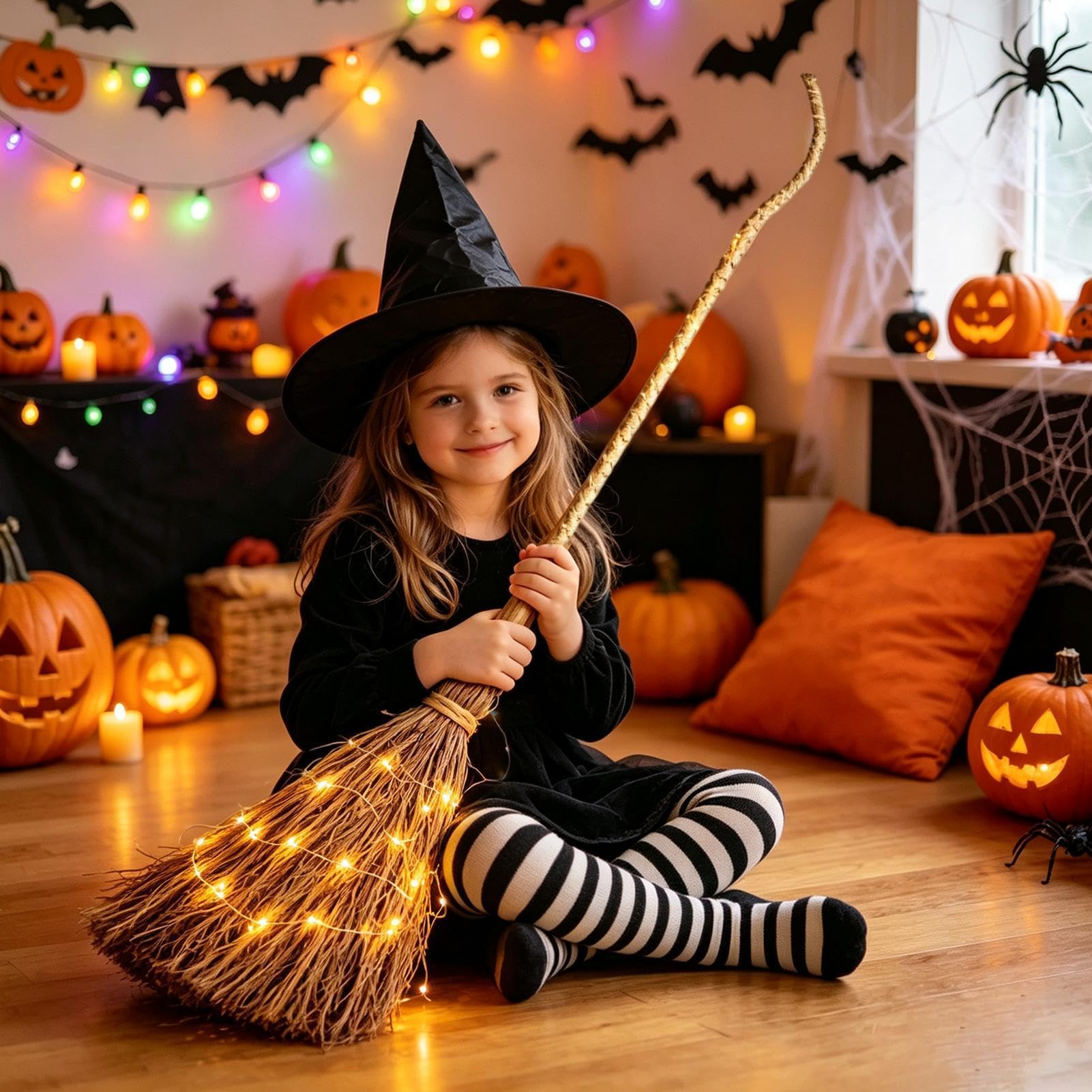 Dekorative Besen, LED- , rustikal, mit warmem Glanz, Artikel | Beleuchteter Besen für Halloween, für Veranda, Hof, Garten, Balkon, Eingang, Haus, Emda