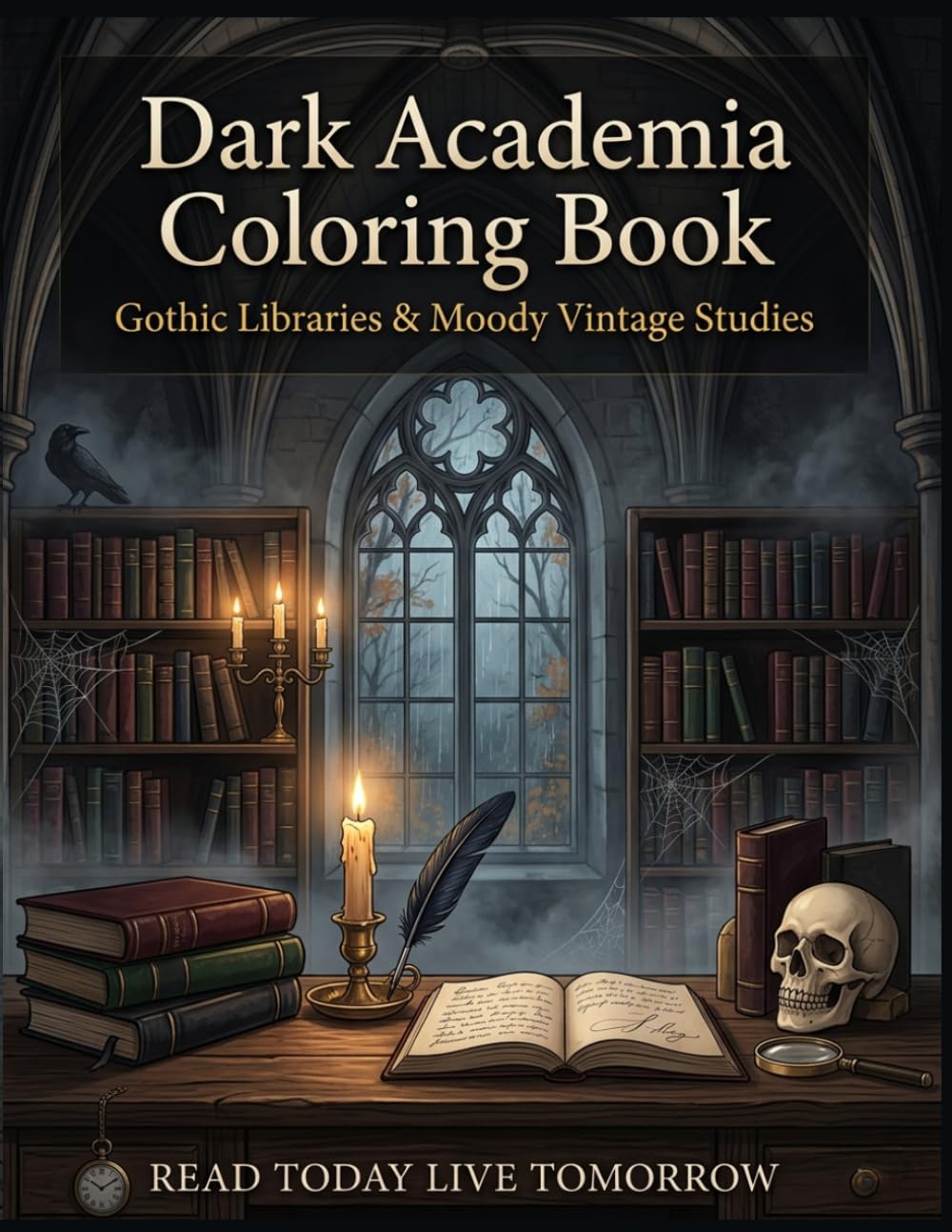 Dark Academia Coloring Book: Gothic Libraries & Moody Vintage Studies: 50 Detailed Illustrations of Victorian Desks, Flickering Candles, Ancient ... Ravens for Stress Relief and Relaxation