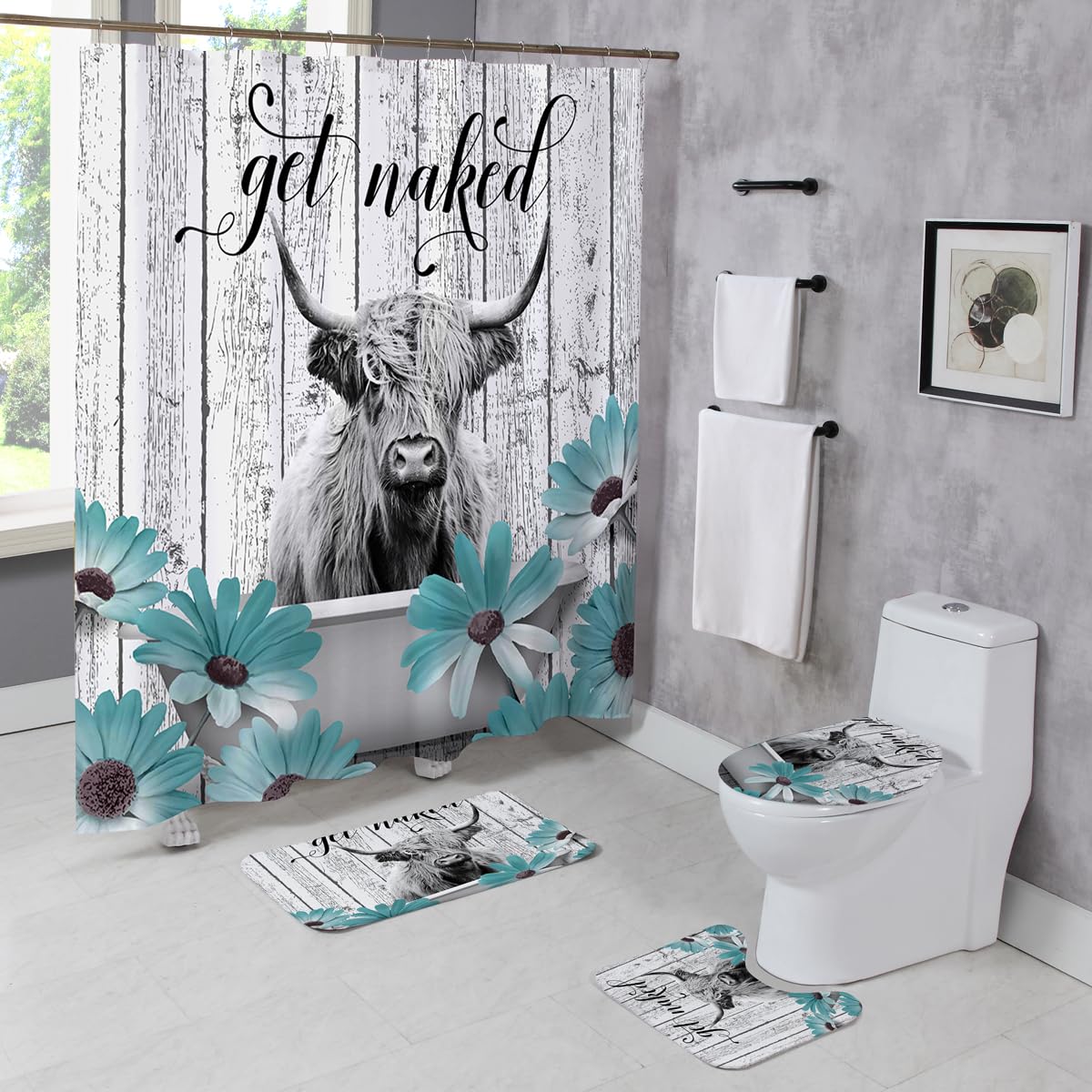 Moladika 4 Pcs Farmhouse Cow Shower Curtain Sets with Rugs Wooden Bathroom Set Rustic Teal Flowers Home Bath Bathtub Decor for Bathroom 72 x 72 Inch