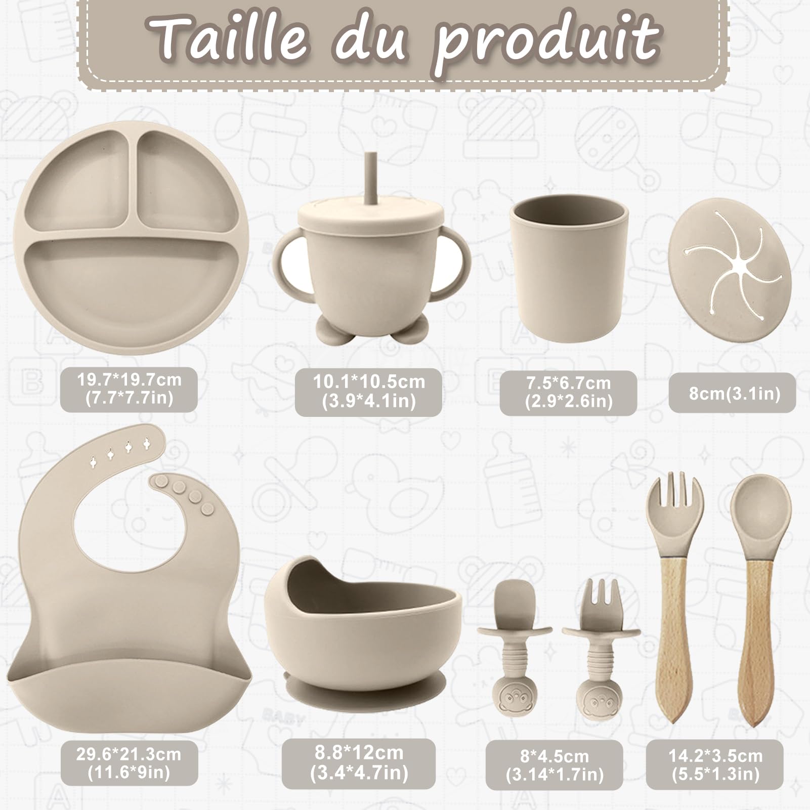 Set Pappa Svezzamento, Set di 12 Piatti per Bambini,Ventosa Ciotola e Cucchiaino per Neonati, Bavaglino in Silicone, Set di Posate per Bambini per Lo Svezzamento e L'Alimentazione