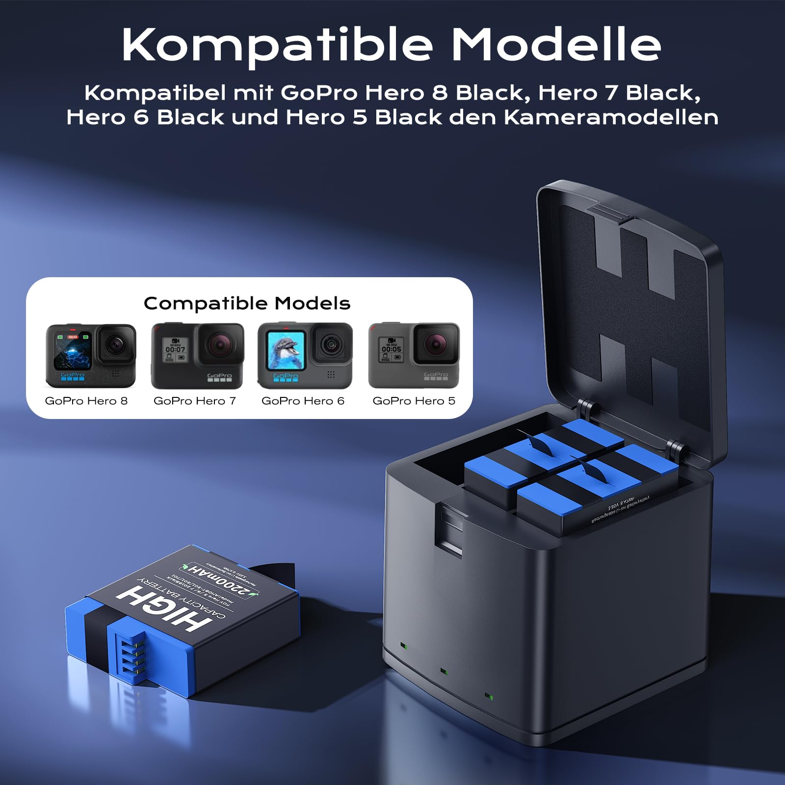 Akku Ladegerät Sets für Go Pro Hero 8, 7, 6, 5, 3-Kanal-Ladegerät und 3er-Pack 2200mAh Lithium-Ionen Wiederaufladbare Ersatzakku mit Hoher Kapazität für GoPro Hero 8 Black, 7, 6, 5 Kamera