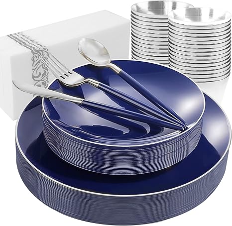 KIRE 175Pcs Blue Plastic Plates with Silver Rim & Disposable Silverware with Blue Handle & Silver-rim Cups & Hand Napkin & Plastic Dinnerware for Parties/Wedding