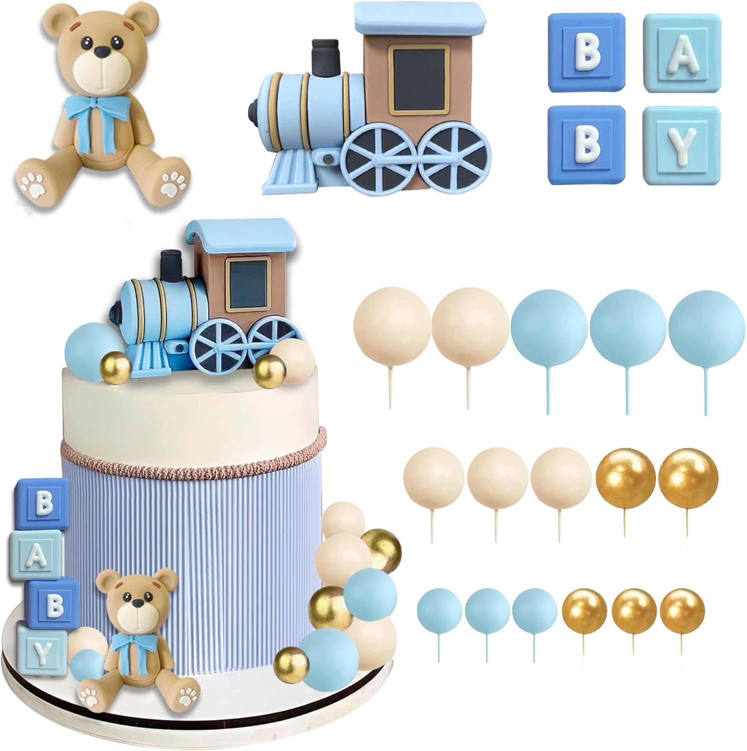 22 PCS Bear Cake Toppers Train Cake Toppers Bear Balls Cake Decorations with Train BABY Letters for Baby Shower Gender Reveal Bear Themed Birthday Party Supplies