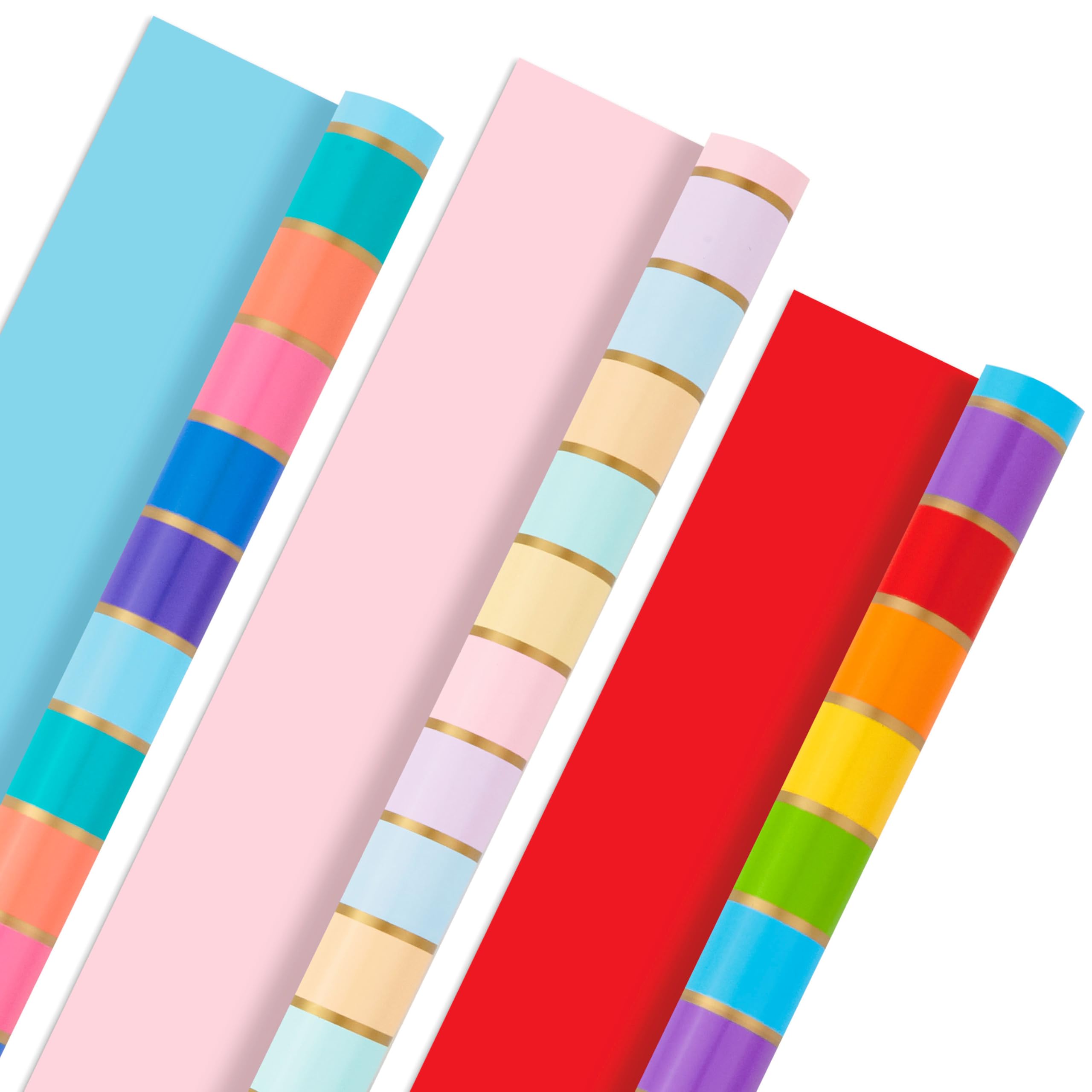 Hallmark Rollos de papel de regalo arcoíris para graduación, cumpleaños, boda, todas las ocasiones. Papel de regalo a rayas coloridas (juego de 3 rollos reversibles: 75 pies cuadrados)