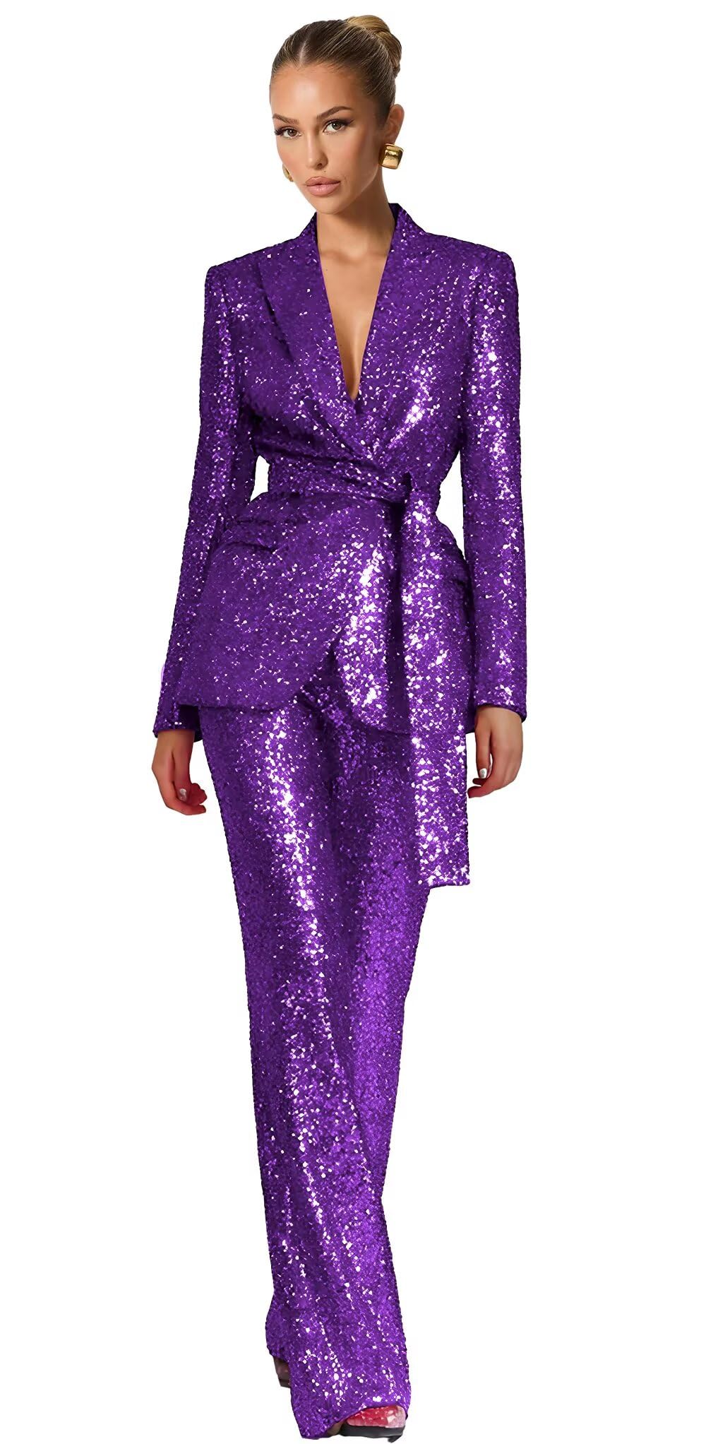 Sequin Suits for Women Dressy Elegant 2 Piece Sparkly Womens Suit with Belt Peak Lapel Shiny Suit Women