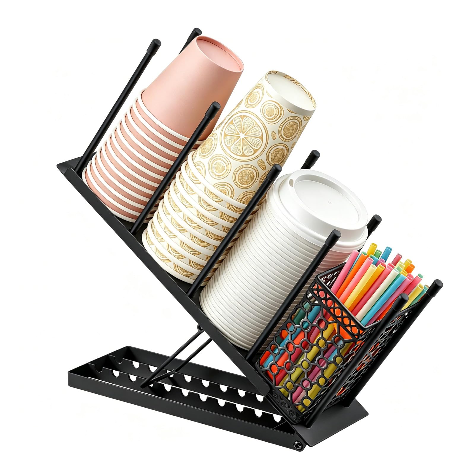 Minifactory Metal Cup Holder Organizer 4 Compartment Adjustable Cup & Lid Rack with Removable Straw Basket Heavy Duty Coffee Cup Dispenser for 100 Disposable Cups Lids Straws (Black)