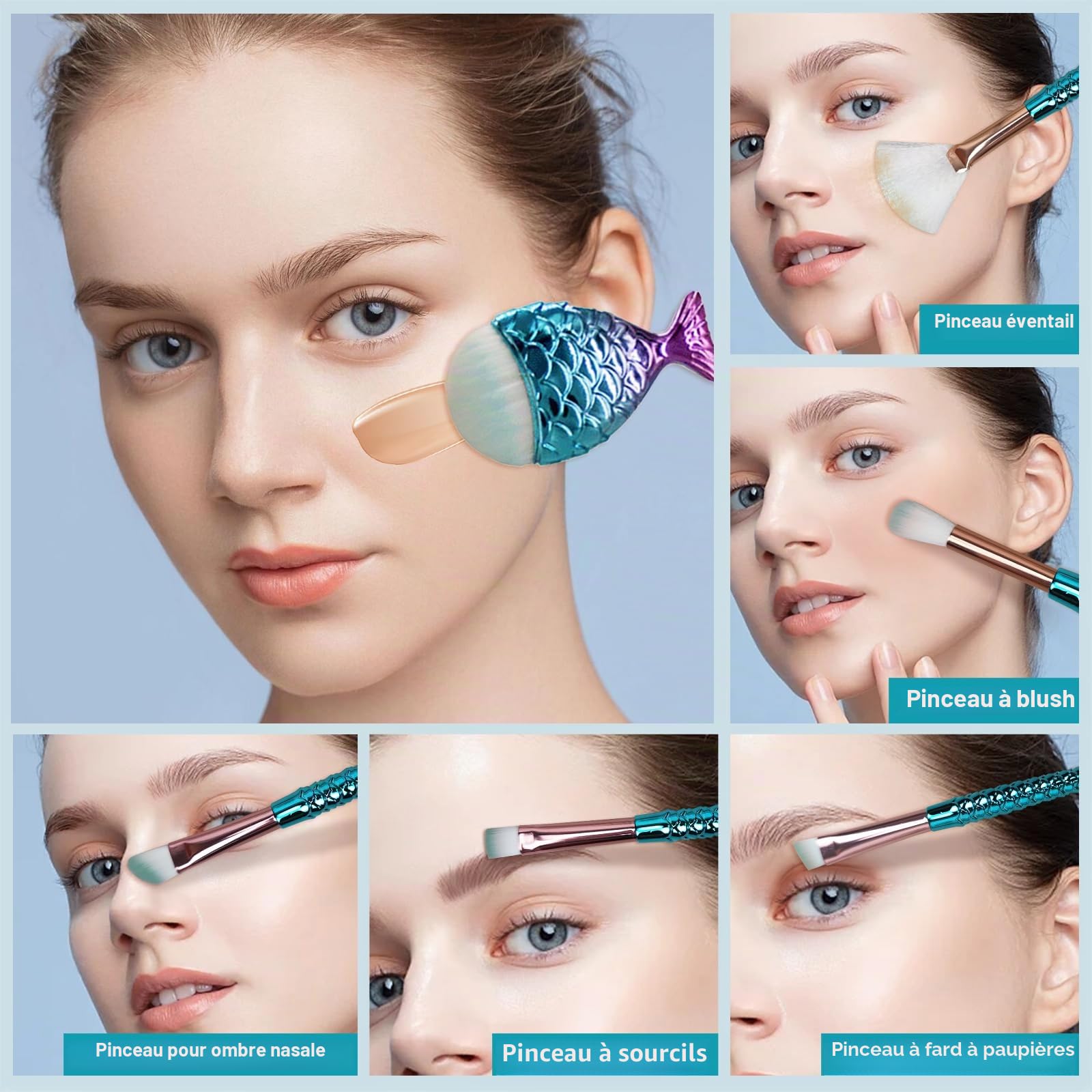 12 PCS Ensembles de Pinceaux de Maquillage de, Mermaid Maquillage Pinceaux Set avec une barrette Brosse Cosmétique de Nylon Beauté Brosses Kit Fond de Teint Poudre Crème Sourcils Eyeliner Fard à Joues