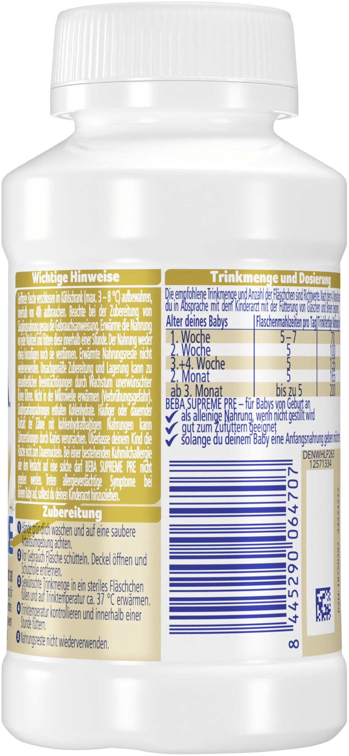 Nestlé BEBA SUPREME PRE Anfangsmilch trinkfertig, 12er Pack (12 x 200ml)