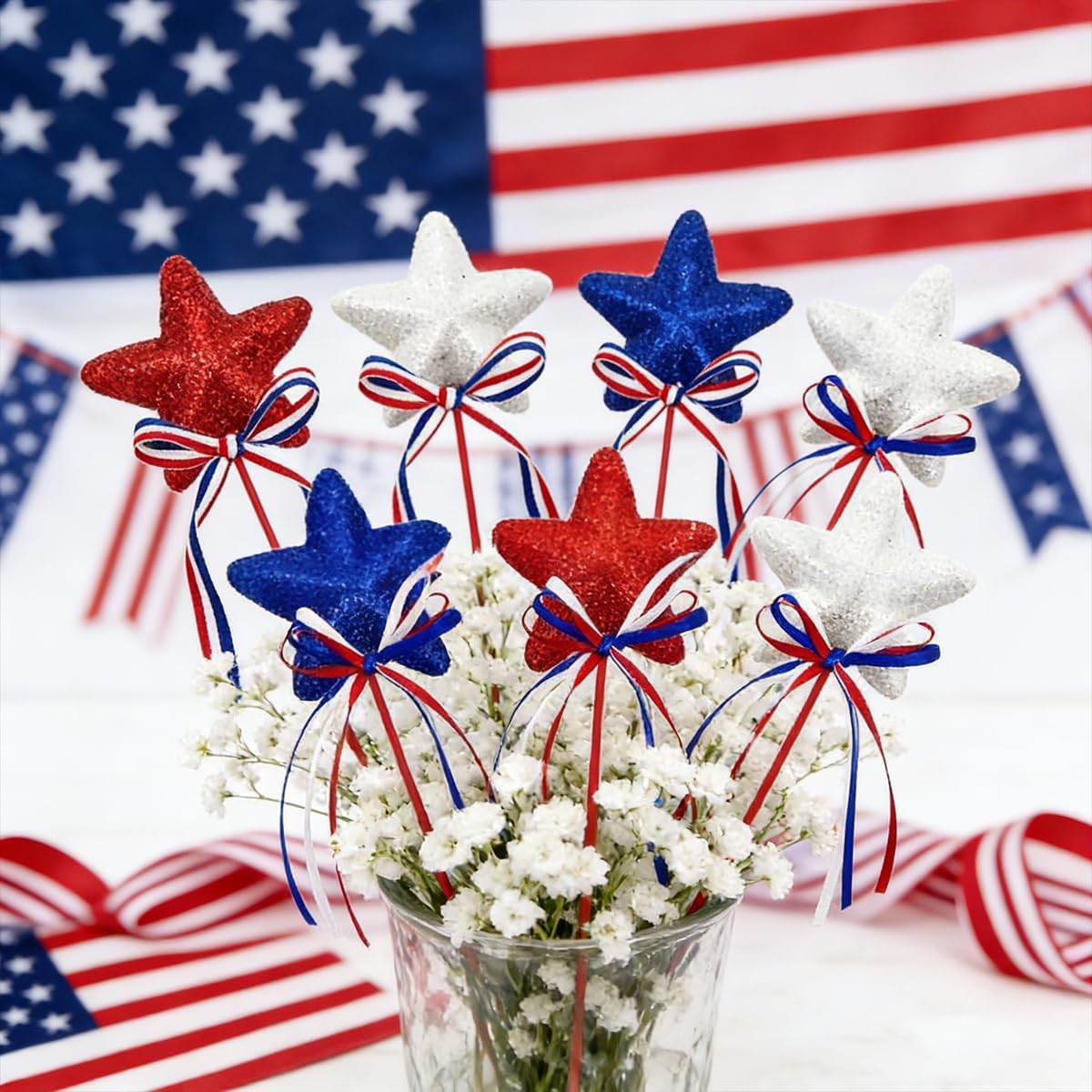 4th of July Glitter Puffy Star Flower Picks Foam Sparkly Sticks for Party Crafts Table Supplies Decorations (Blue Red White)
