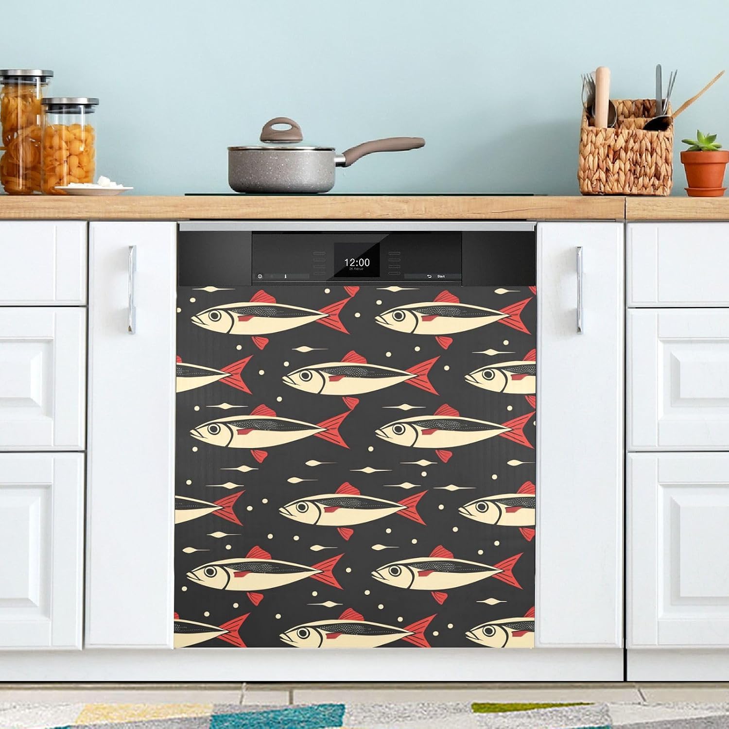 QUGRL Vintage Fish Pattern Dishwasher Magnet Cover Front Door Decorative Refrigerator Covers Magnetic Sheet Sticker Wash Machine Fridge Panel Decal for Kitchen Appliance 23x26 in