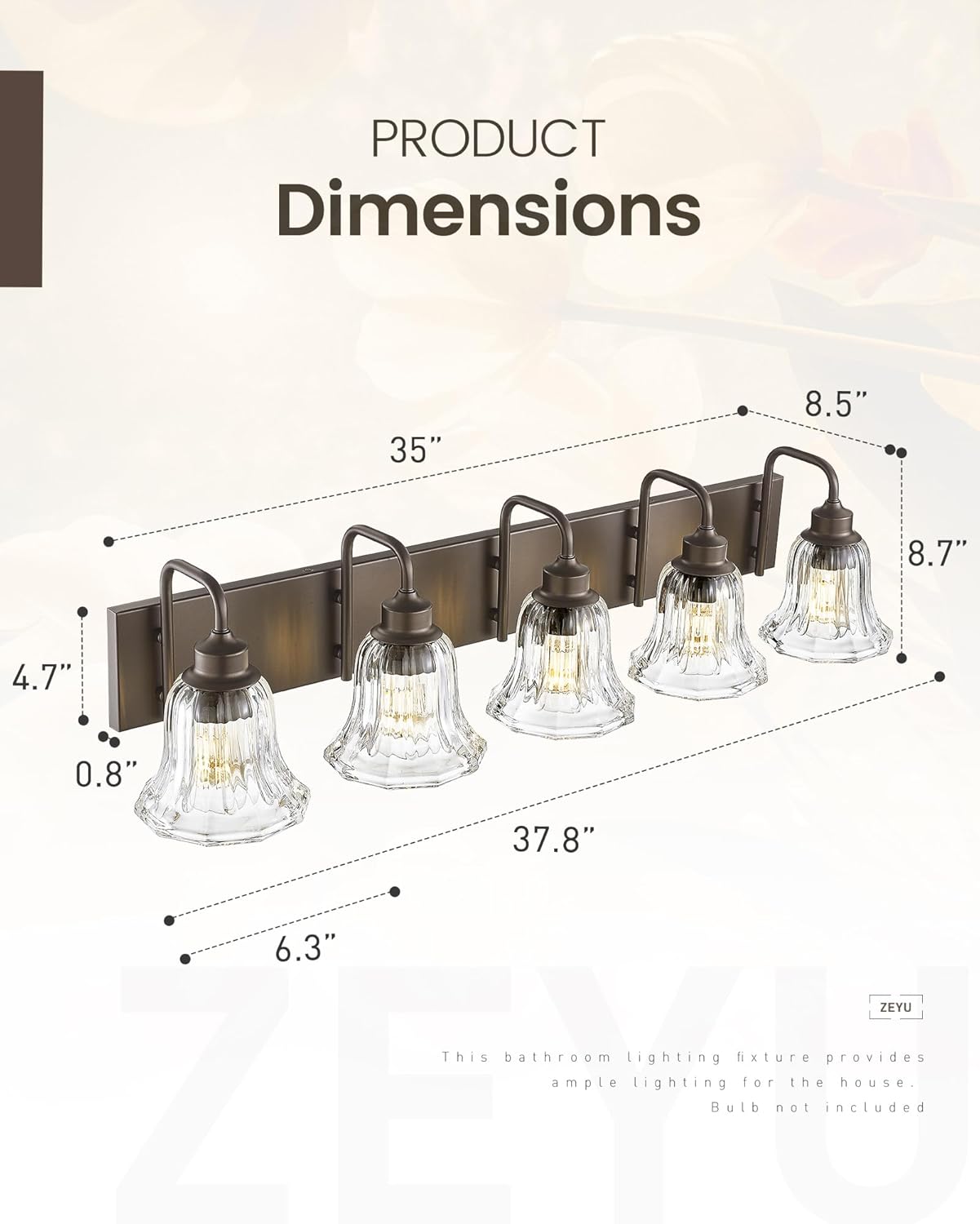 zeyu 37.8 Inch Bronze Wall Sconce Lights, Bathroom Light Fixtures, 5-Light Vanity Wall Sconce Over Mirror, Oil Rubbed Bronze Finish with Clear Striped Glass, ZJX117B-5W ORB