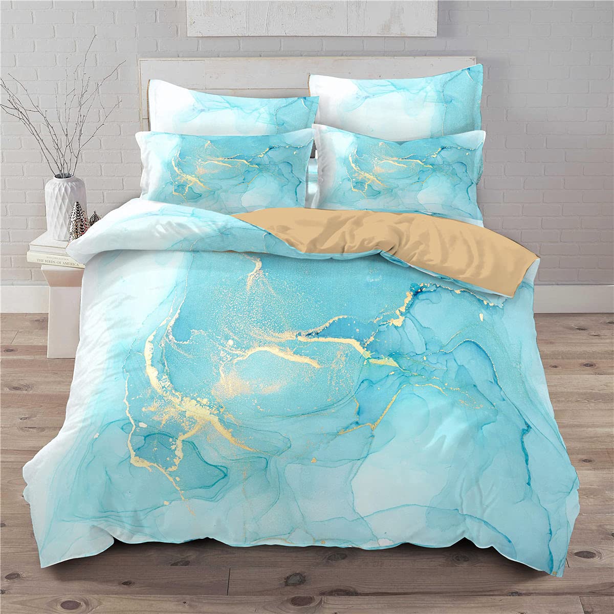 Nbvghj Boys Blue Chic Girly Marble Duvet Cover Colorful Glitter Turquoise Bedding Comforter Set Abstract Aqua Teel Quilt Cover 145×200Cm