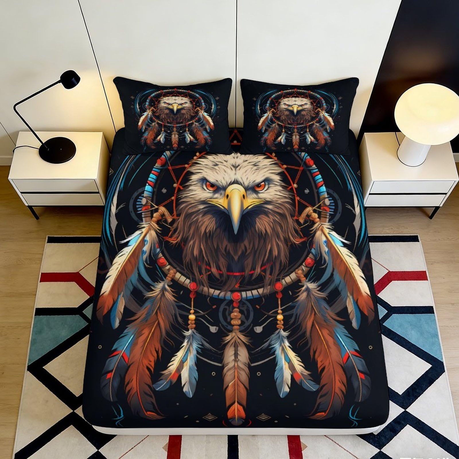 3D Printed Eagle Dreamcatcher Fitted Sheet Microfiber Soft Black Feather Native Bed Cover Anti-Slip Easy Care Bedroom Decor 90x200x25cm