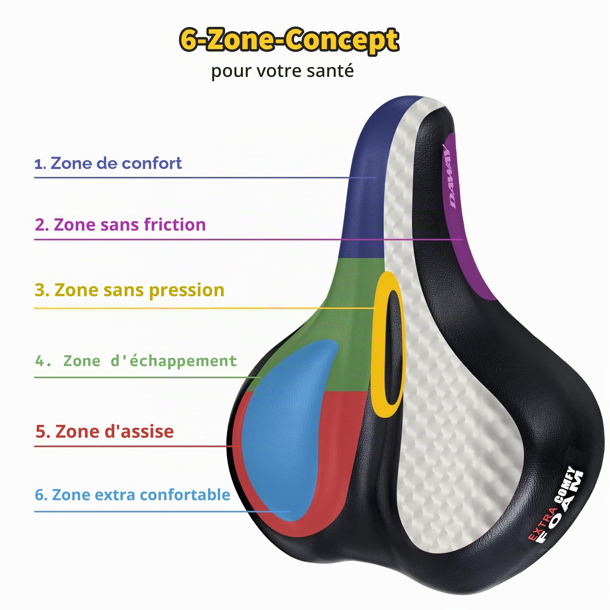 DAWAY C50 Selle de vélo surdimensionnée et confortable - Selle de vélo extra large avec coussin en mousse à mémoire de forme pour homme et femme, compatible avec Peloton, exercice, VTT, vélos de route