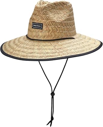 Nautica Mens Straw Lifeguard Hat - Lightweight Wide Brim Outdoor Beach Sun Hats for Men with Adjustable Chin Strap