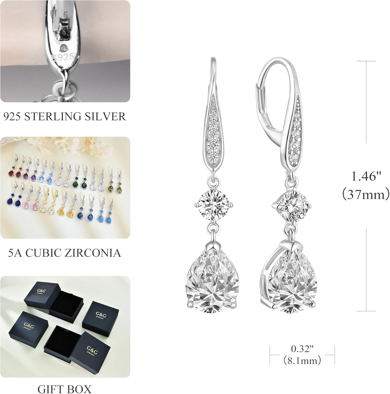 Teardrop Dangle Drop Earrings for Women 925 Sterling Silver Birthstone Leverback Earrings Birthday Valentines Day Anniversary Jewelry Gifts for Women Mom Wife Her - Image 3