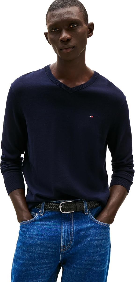 Jersey liviano Tommy Hilfiger para hombre de algodón liso con cuello en V