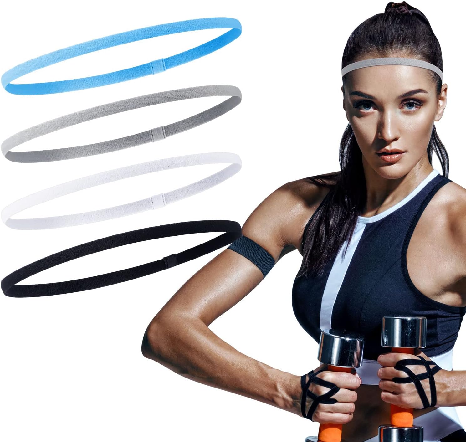 Sumind 4 Pieces Thick Non-Slip Elastic Sport Men Thin Headbands Football Hair Headbands for Women(Black, White, Gray, Blue)