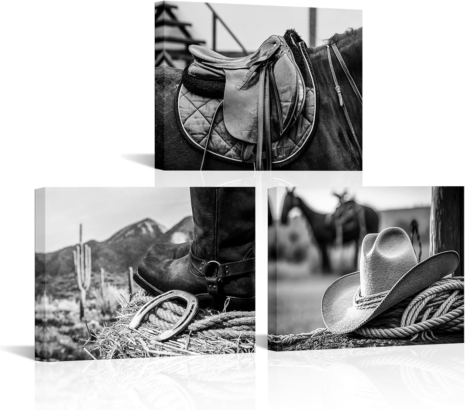 OuElegent 3 Pieces Black and White Cowboy Canvas Prints American West Rodeo Wall Art Painting Rope Stetson Hat Horse Saddle Picture Prints for Office Home Decor Framed (grey, small)