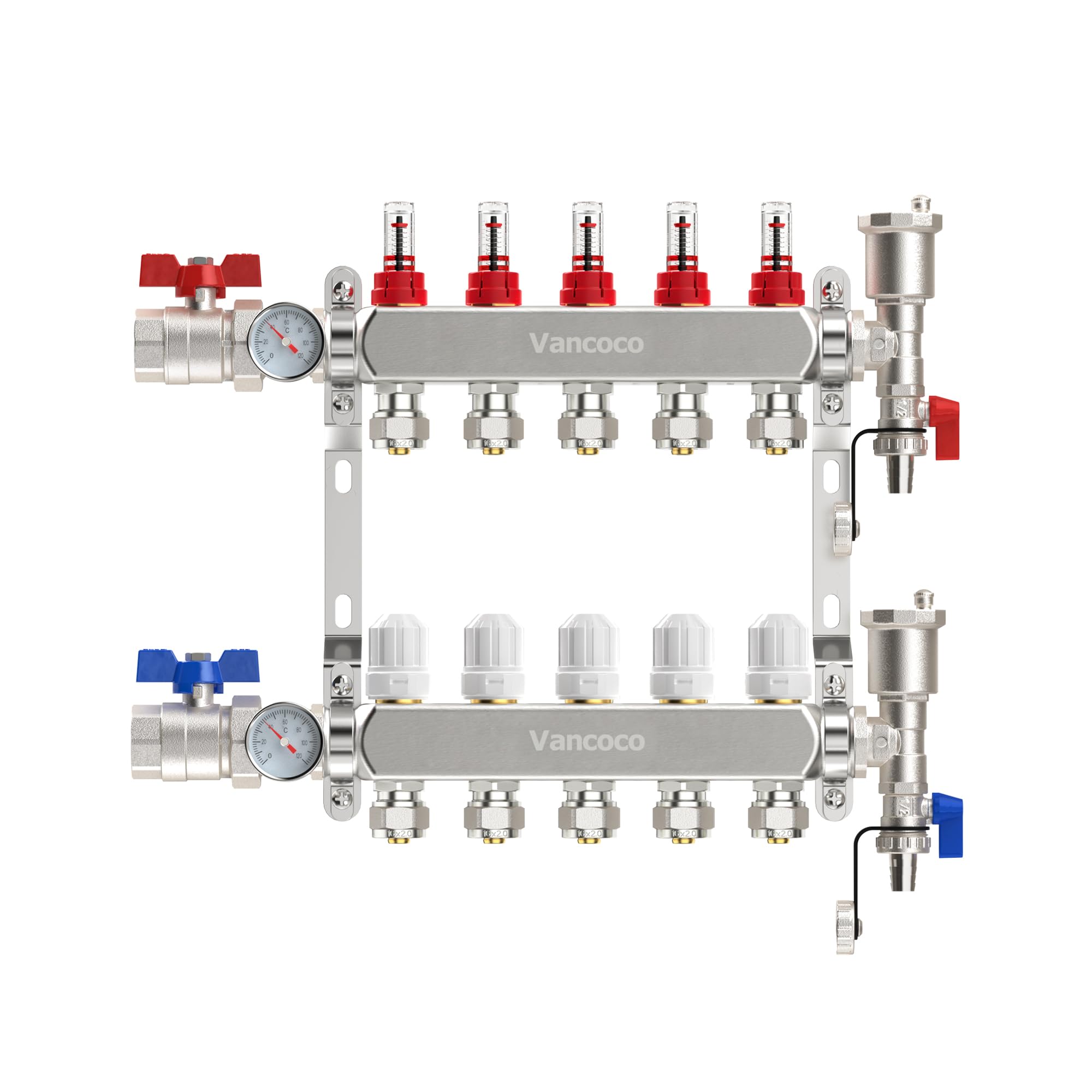 Vancoco 5-Port Stainless Steel Manifold Set, 3/4" Euro Conus (16×2 mm) Fittings, with Flow Meter, Auto Air Vent and 1" Ball Valves, Complete Underfloor Heating Kit