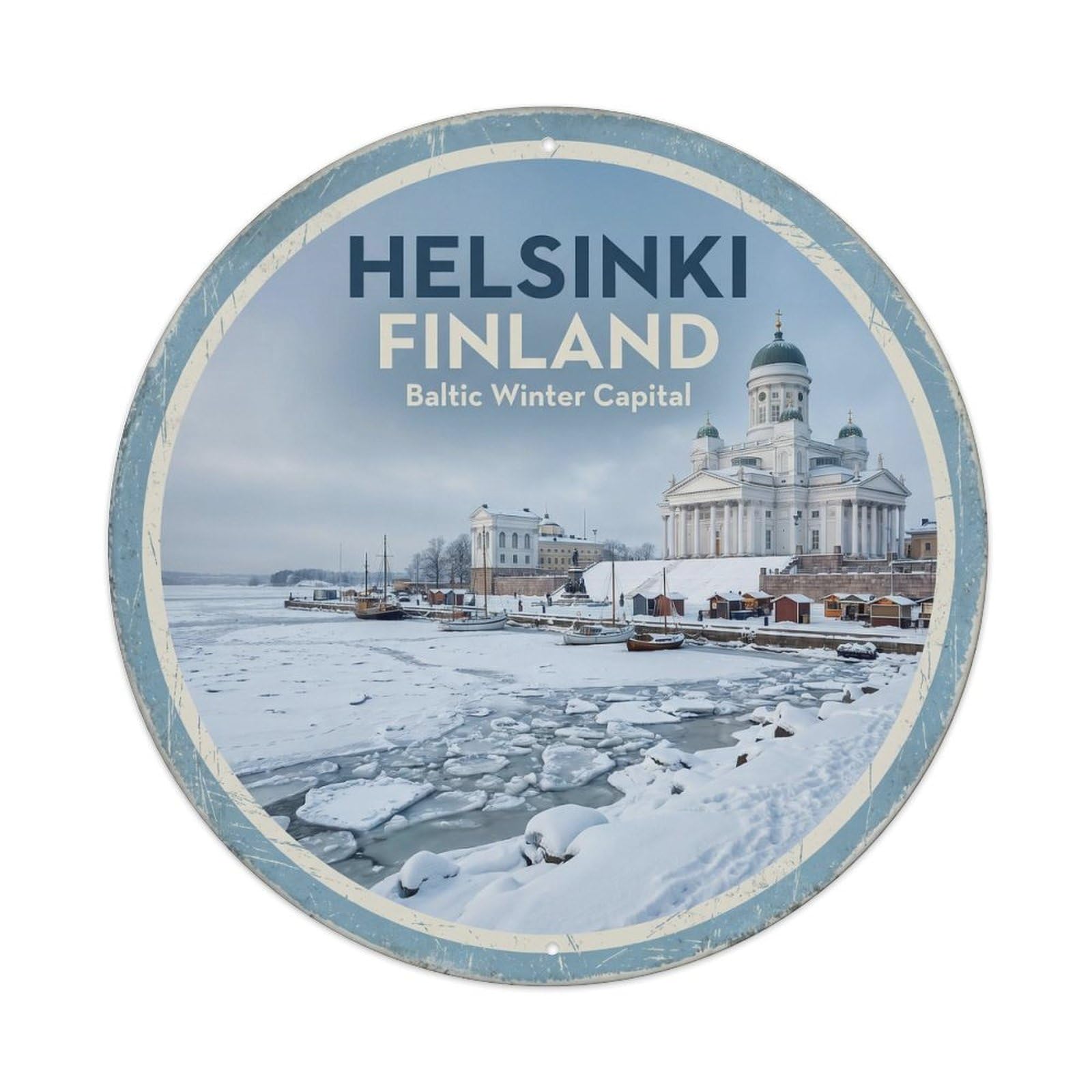 Vintage Travel Helsinki Finland Winter Metal Tin Sign Plaque Wall Decor for Cafe, Club, Garden Round Metal Poster 8x8Inch