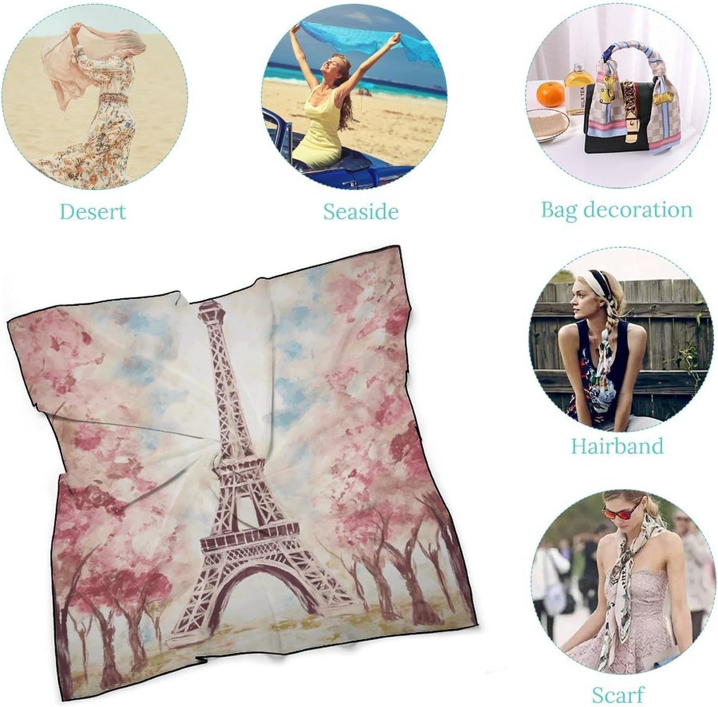 Beautiful Eiffel Tower Paris Silk Scarfs Square Headscarf Breathable Lightweight Neckerchief Hair Wraps Handbags Scarf 27"
