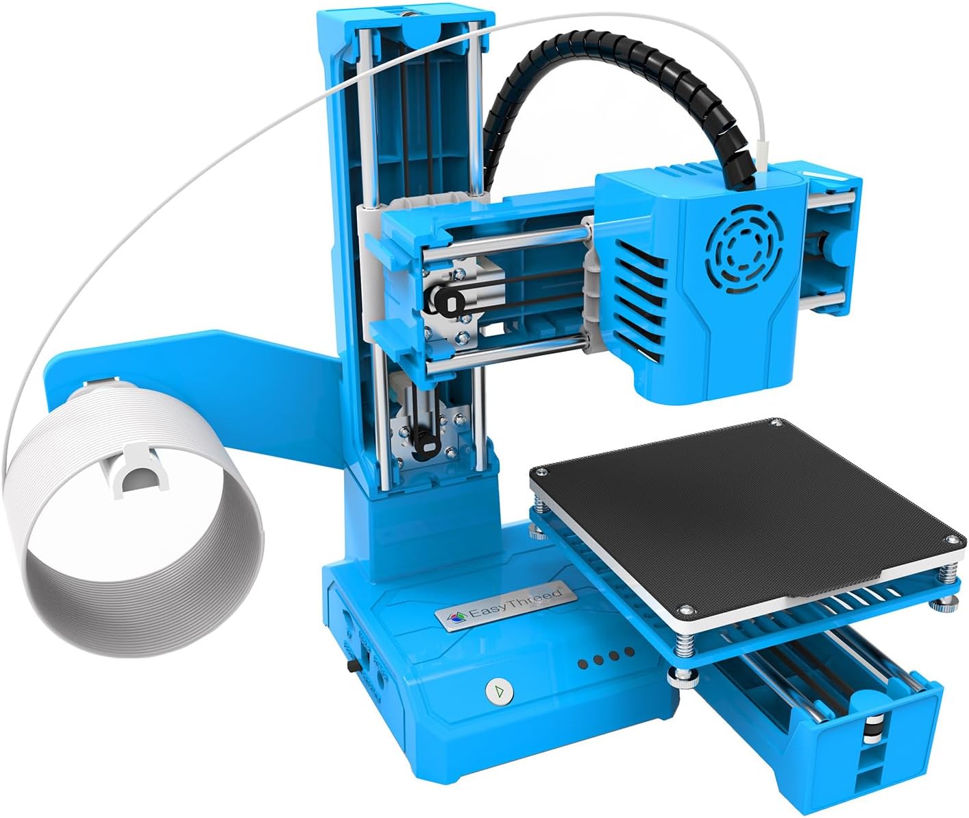 EasyThreed K9 3D printer with a roll of white filament loaded onto the side holder