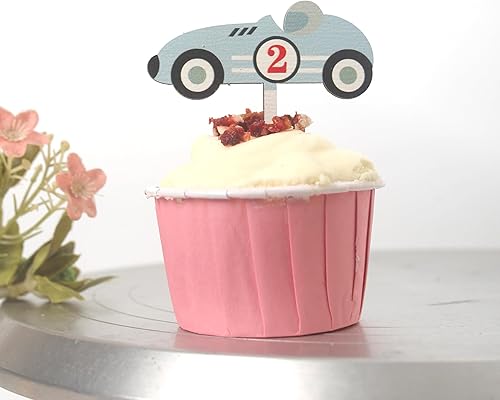 Vista 8 de 8 adornos para cupcakes de auto de carreras rápidas, dos decoraciones de segundo cumpleaños de Fast Boy, dos decoraciones temáticas de carreras