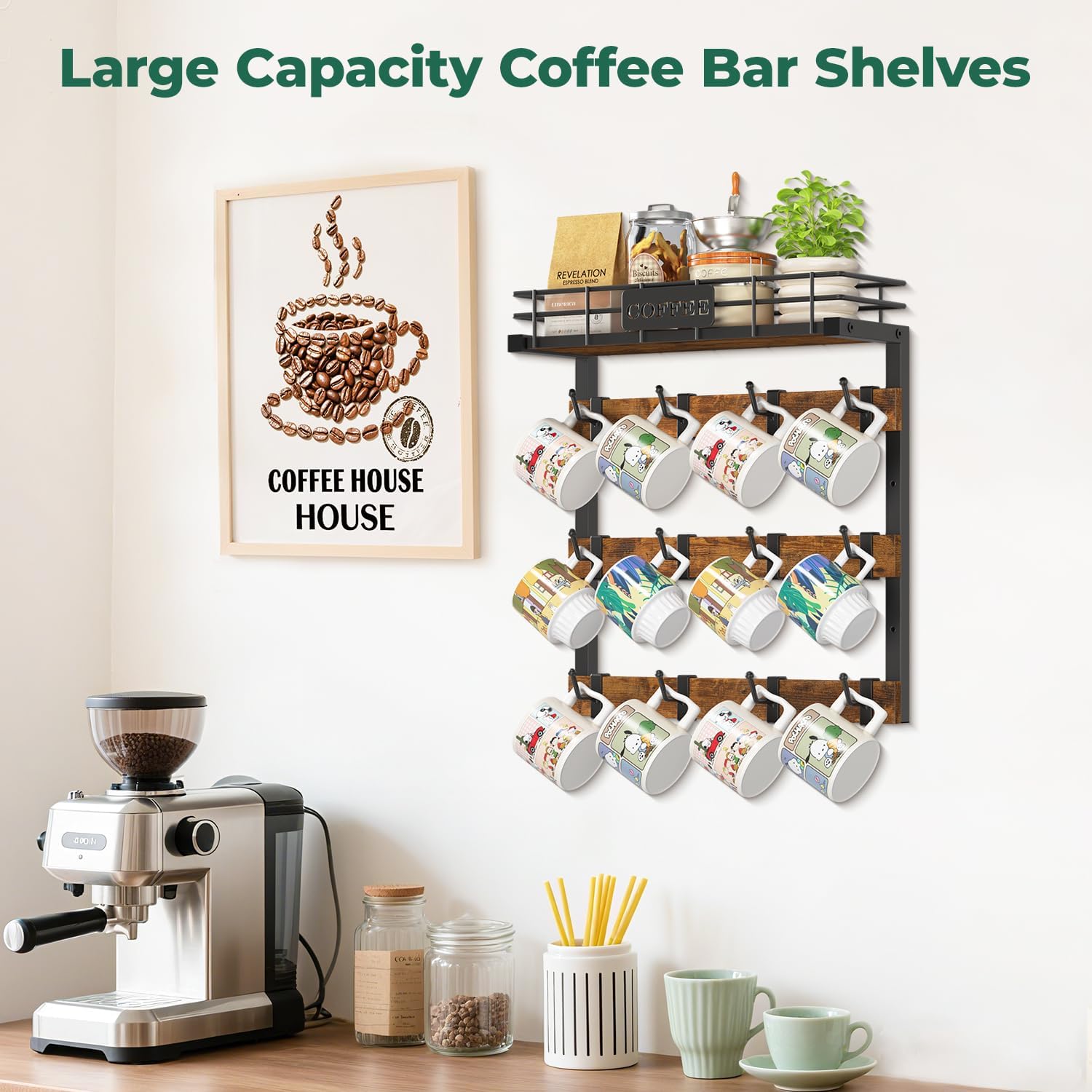 EsLuker.ly Coffee Mug Holder Wall Mounted Display Rack, Black Metal Cup Hanger Organizer with 12 Movable Plastic Hooks, Wood Rustic Shelf for Coffee Bar Home Kitchen, Thoughtful Wall Storage