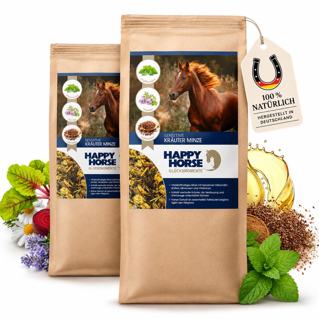 HAPPY HORSE Sensitive Kräuter Minze 2 x 14 kg – Pferdefutter zur Unterstützung der Atemwege - Mit Fenchel, Kamille und Rosmarin - Mineralstoffreiches Ergänzungsfutter für Sport- & Freizeitpferde