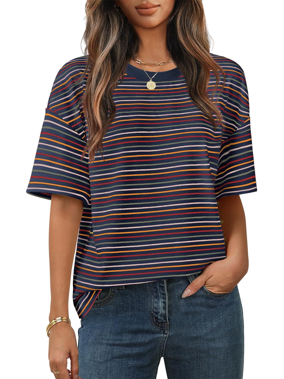 Cuptacc Tshirt Damen Rundhals Oversize Tunika Kurzarm Oberteile Damen Sommer Locker T Shirt Bunt Gestreiftes Elegant Top