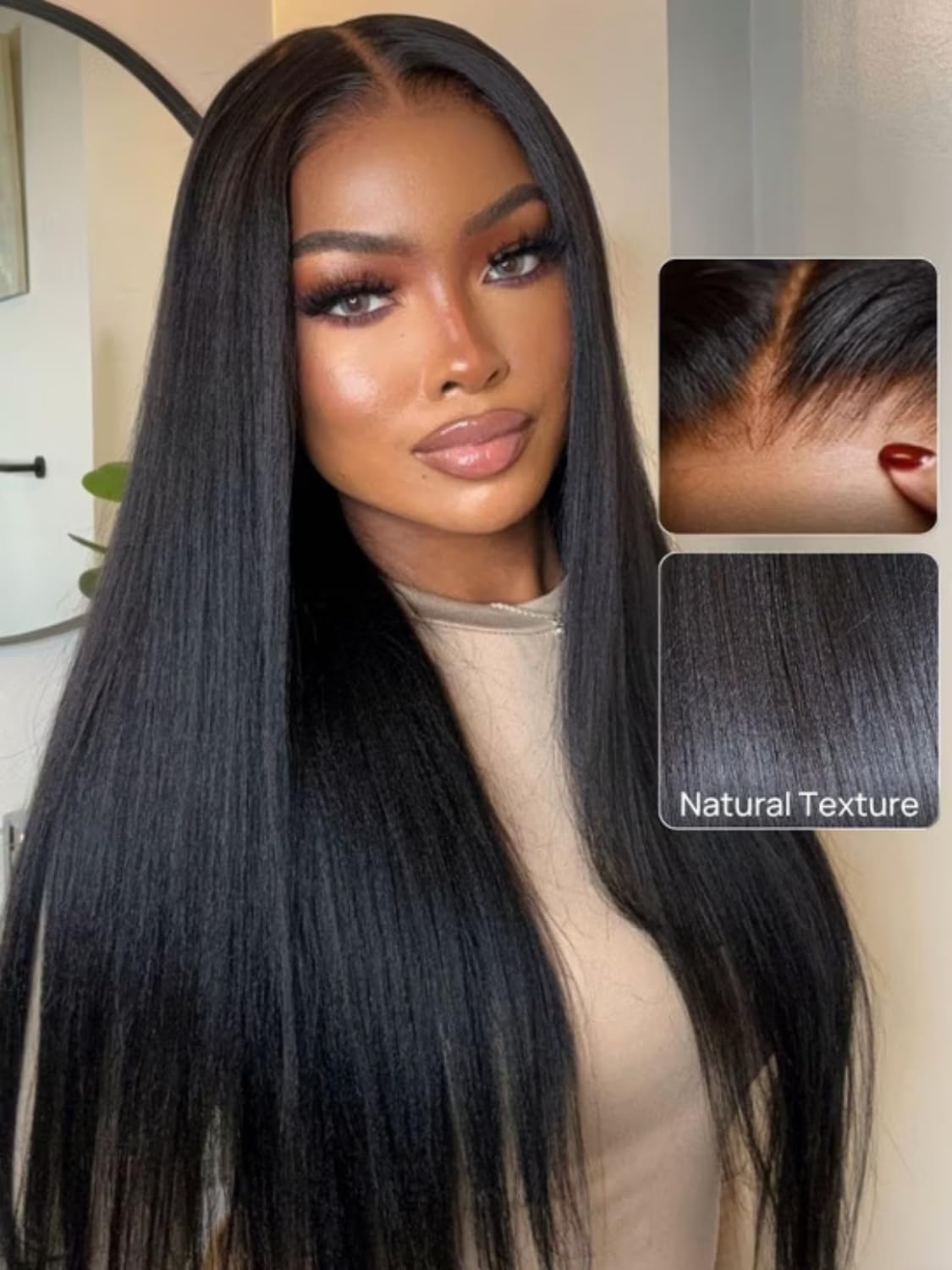 Nadula 13x6 Pre-Everything Glueless Yaki Straight with Kinky Edges Hairline, 13x6 HD Lace Front Ear to Ear Put on and Go Light Kinky Straight Wig 24inch