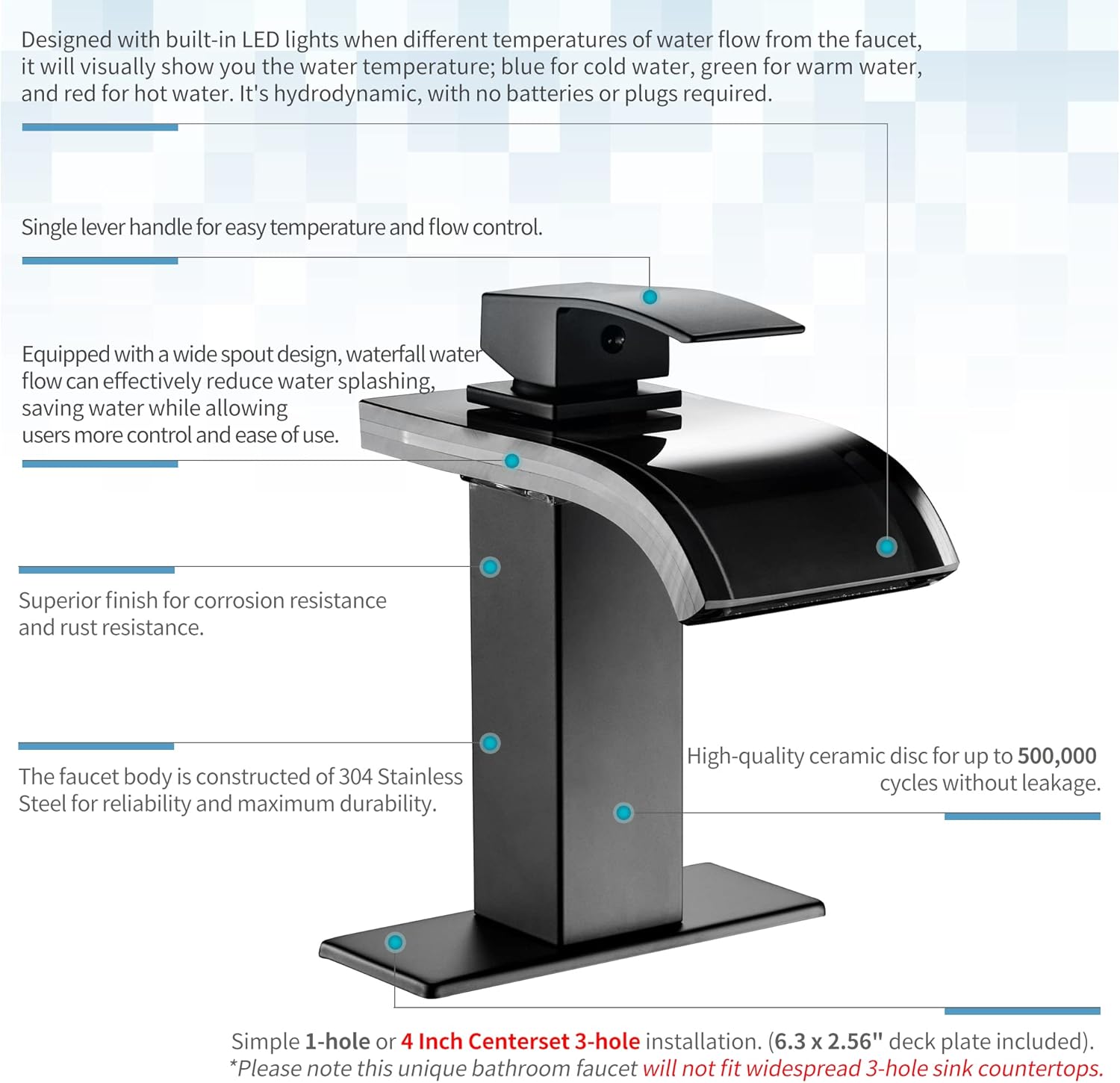 LED Black Waterfall Bathroom Faucet, Bathroom Sink Faucet , 1 Hole, 4 Inch Centerset - Image 3