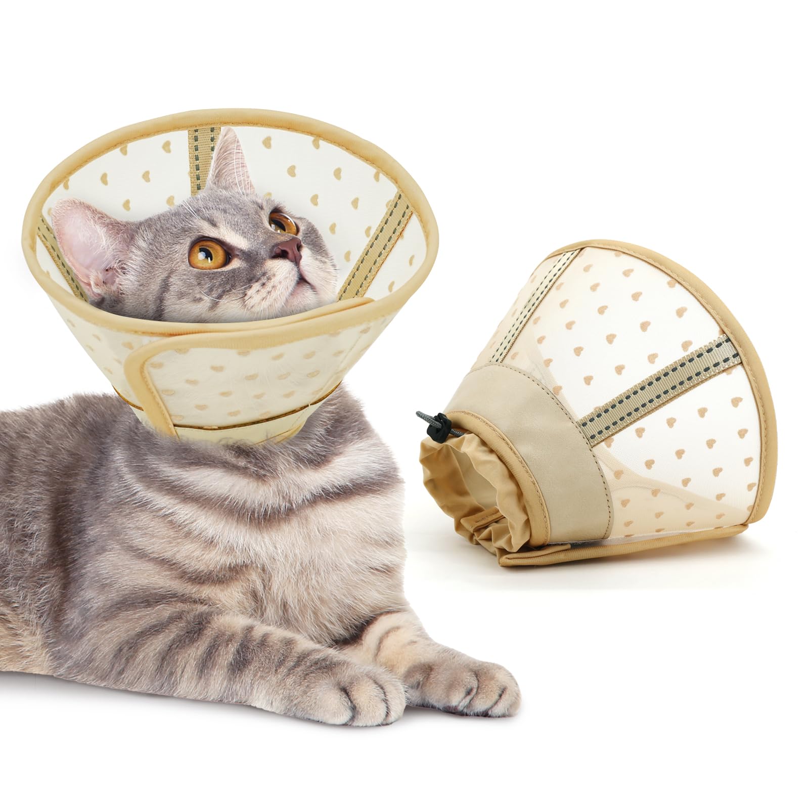 Supet weicher Katzenkegel-Halskragen,Luftgewebe-Katzen-Erholungskegel nach Operation um Lecken zu verhindern, einstellbar, atmungsaktiver Katzenhalskegel als Alternative für kleine Kätzchen und Katzen