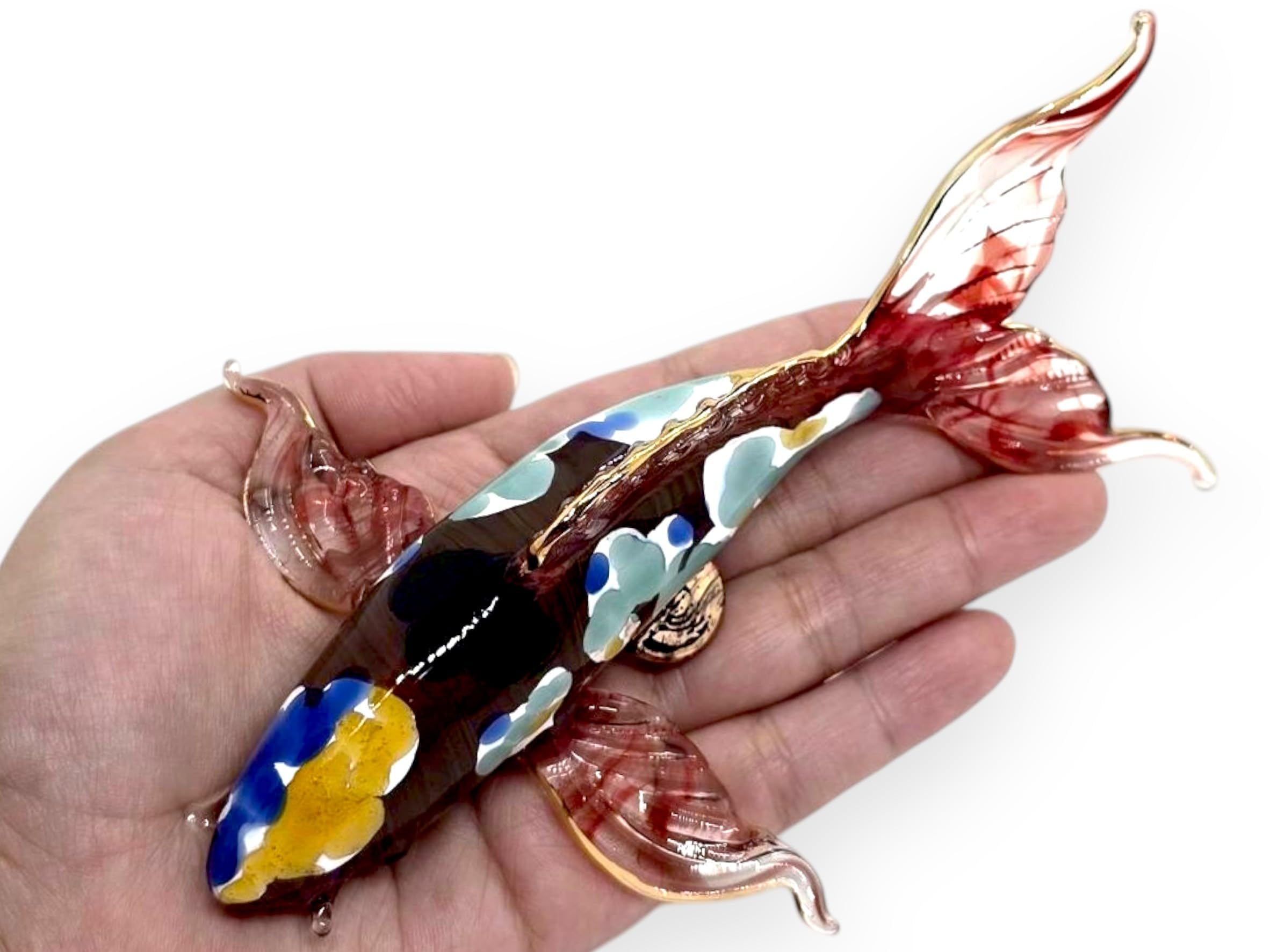 WitnyStore Tiny 4½" Red Blue Yellow Koi Fancy Carp Fish Figurine - Miniature Hand Blown Painted Glass Aquatic Animal Colorful Freshwater Fishes Crystal Decorative Collectible Figurines Décor Gifts