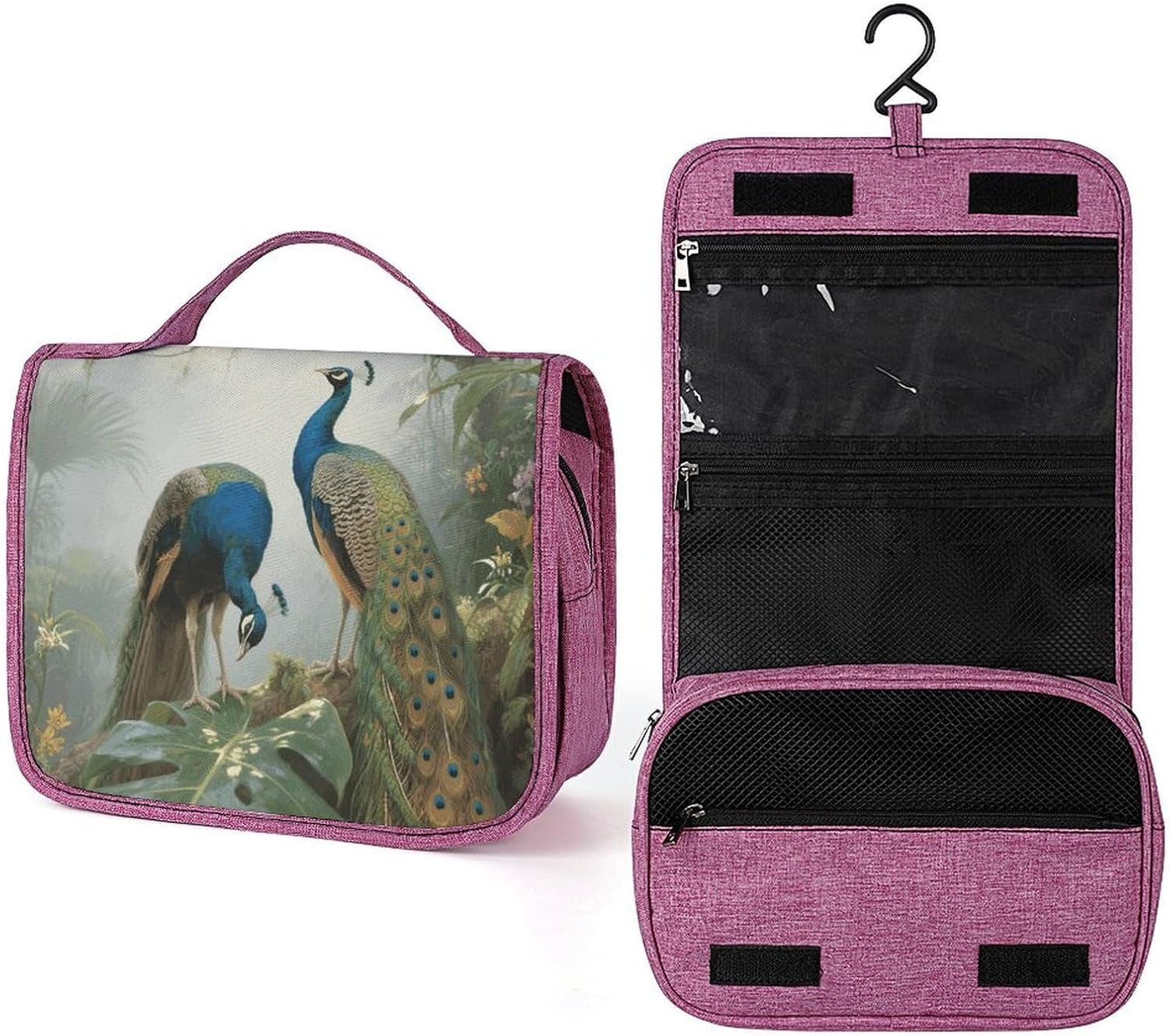 Colorful Peacock Toiletry Bag with Hanging Hook Large Travel Cosmetic Organizer Waterproof Portable Makeup Storage Multiple Compartments Bag for Men Women Bathroom