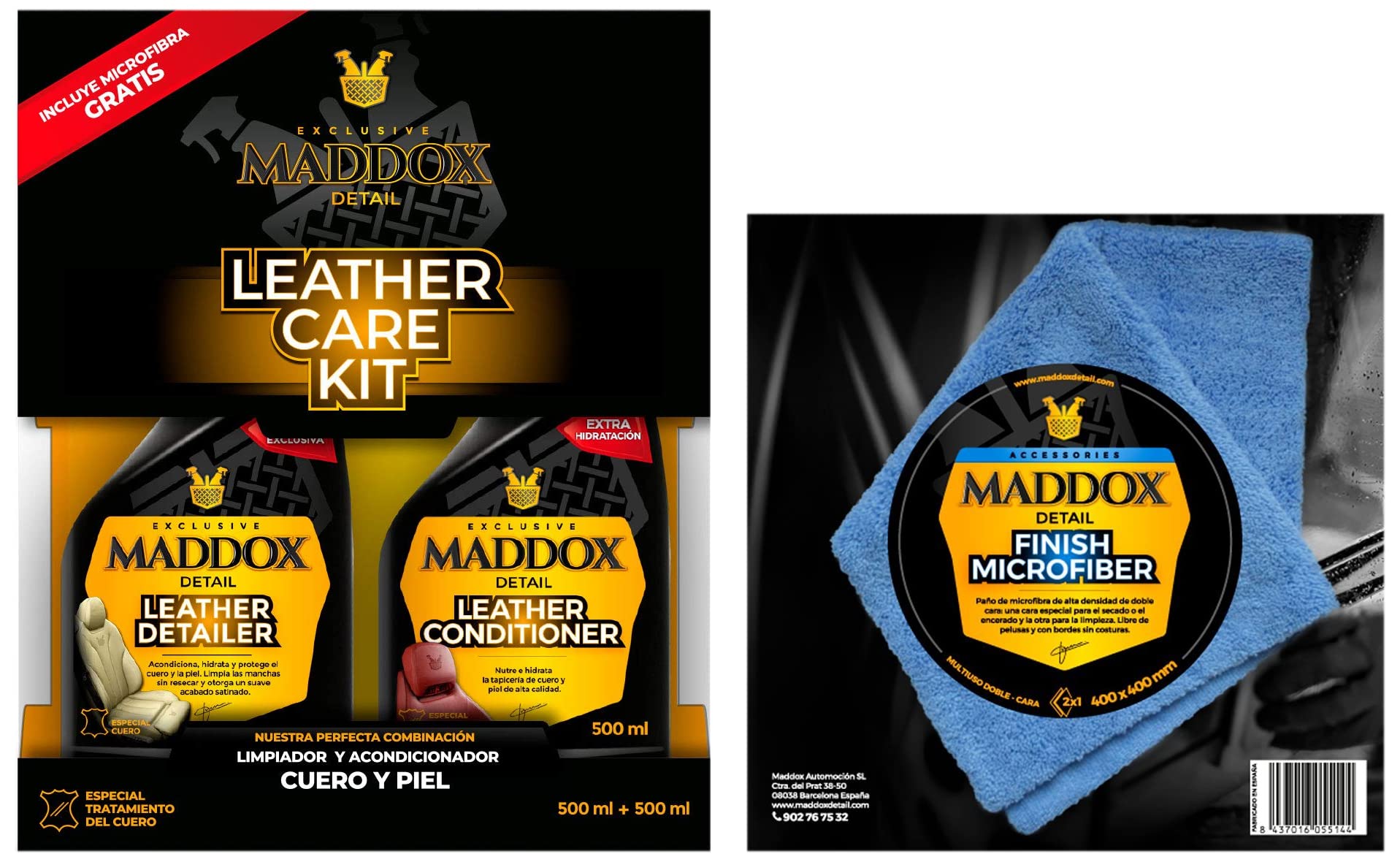 Maddox Detail 30401 Leather Care Klimpiador Y Acondicionador De Cuero Y Piel + Finish Microfiber Paño De Microfibra 40 X 40 Cm. Robusta Y Sin Pelusa, De Dos Lados Con Bordes Libres De Costuras.