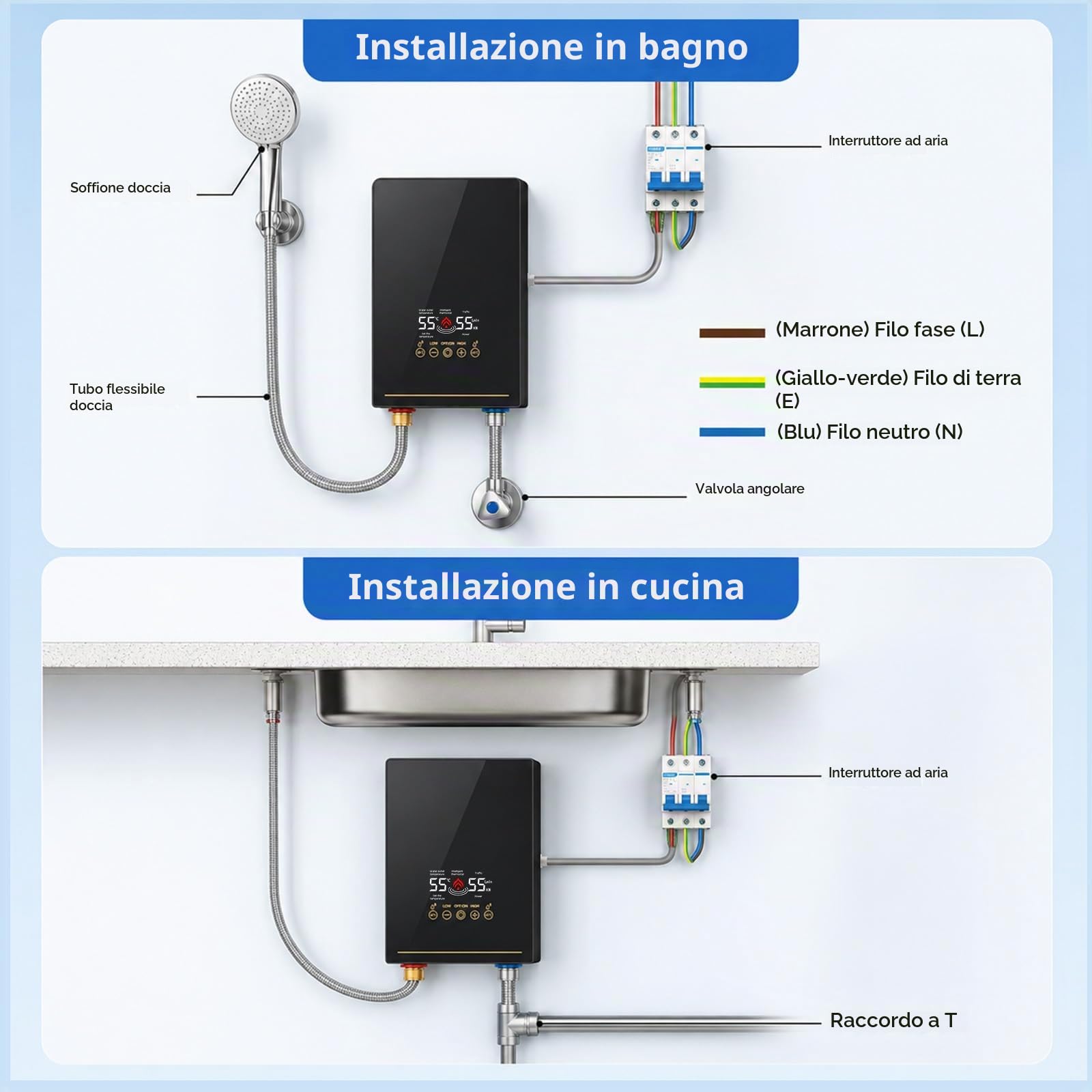 Mini Scaldabagno Istantaneo 5500 W, Scaldabagno Elettronico Istantaneo con Display a LED, Temperatura Regolabile 30 a 55 °C, Piccolo Scaldabagno Istantaneo per Doccia, Bagno, Cucina, Giardino