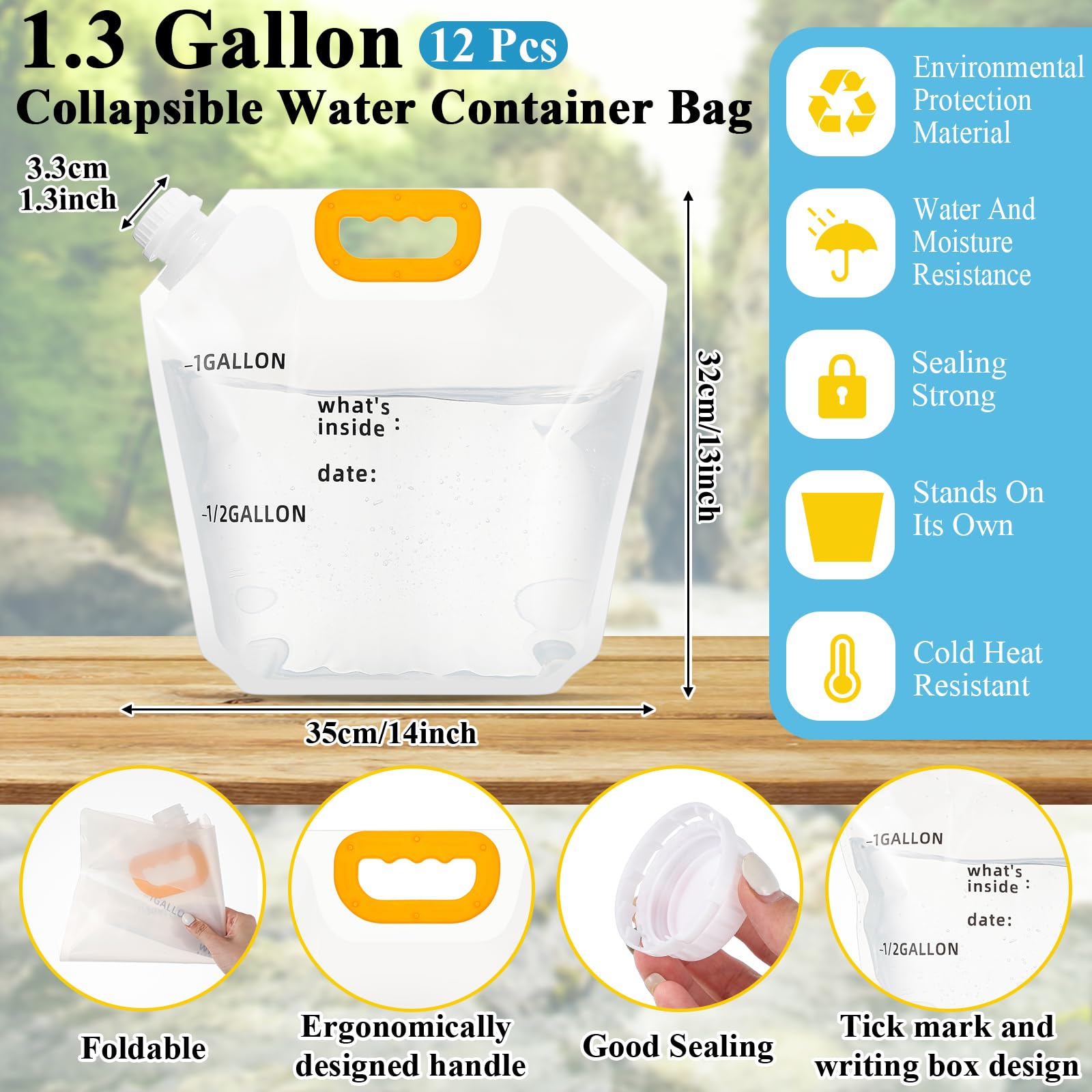 Tessco Paquete de 12 bolsas plegables de almacenamiento de agua de 1.3 galones, bolsa de almacenamiento de agua, jarra de emergencia, bolsa de almacenamiento de plástico, bolsa de almacenamiento de