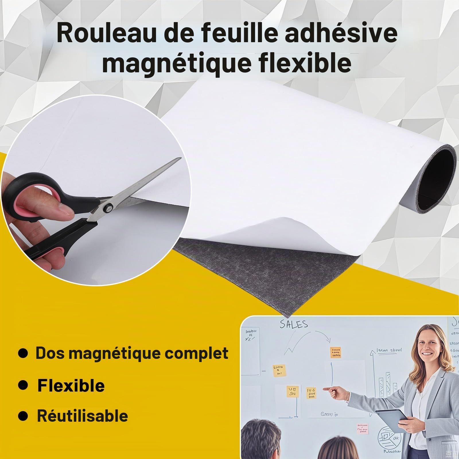 BOXOB Rouleau Feuille Magnétique, 150x30cm Extra Larges Feuilles Magnétiques Adhésives Flexibles Découpables Surface Noire et Blanche Papier de Signalisation pour Véhicules Projet Bricolage