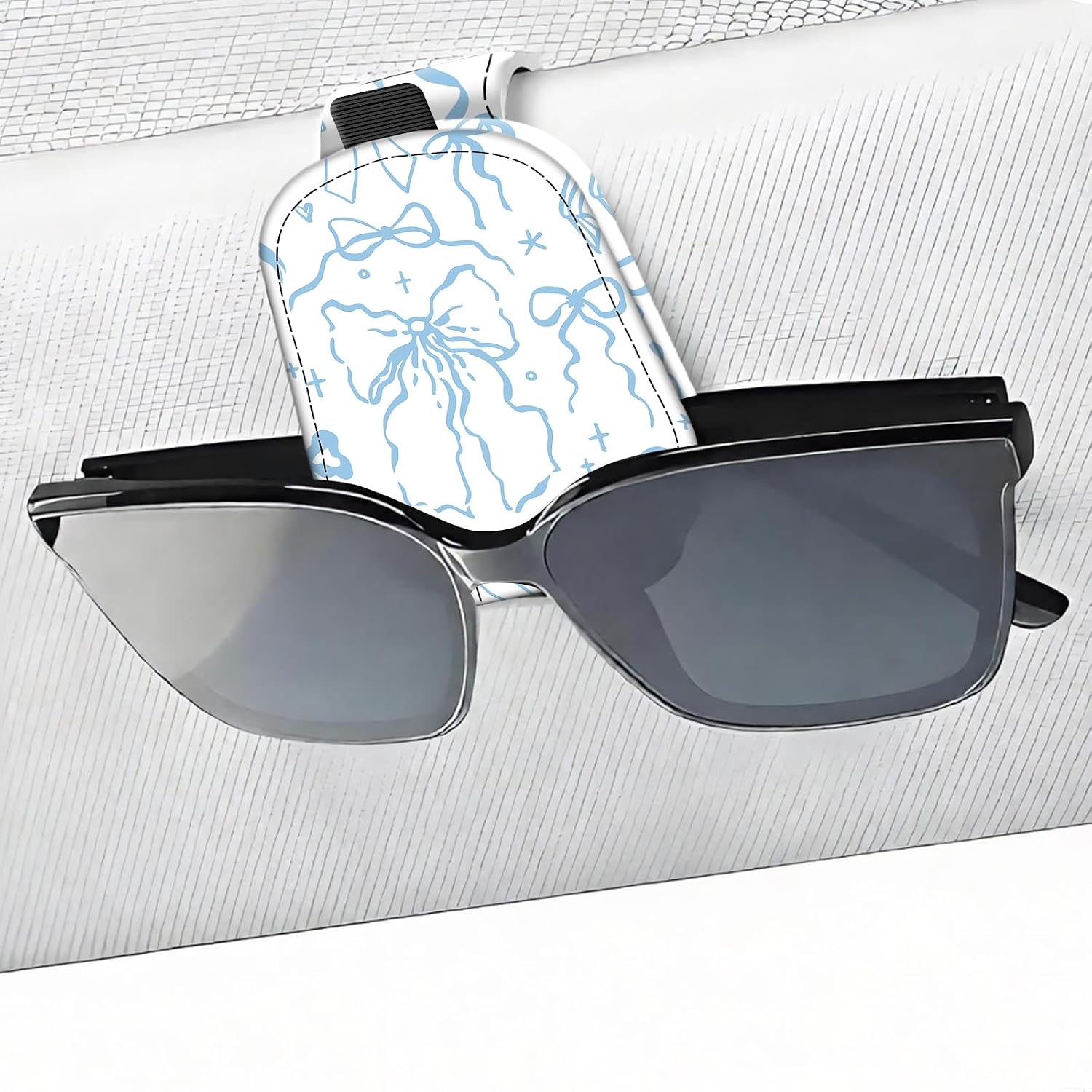 Leather Magnetic Sunglass Holder for Car Sun Visor, Cute Eyeglass Ticket Card Hanger Clip, Universal Auto Interior Accessories for SUV Pickup Truck, Blue Ribbon